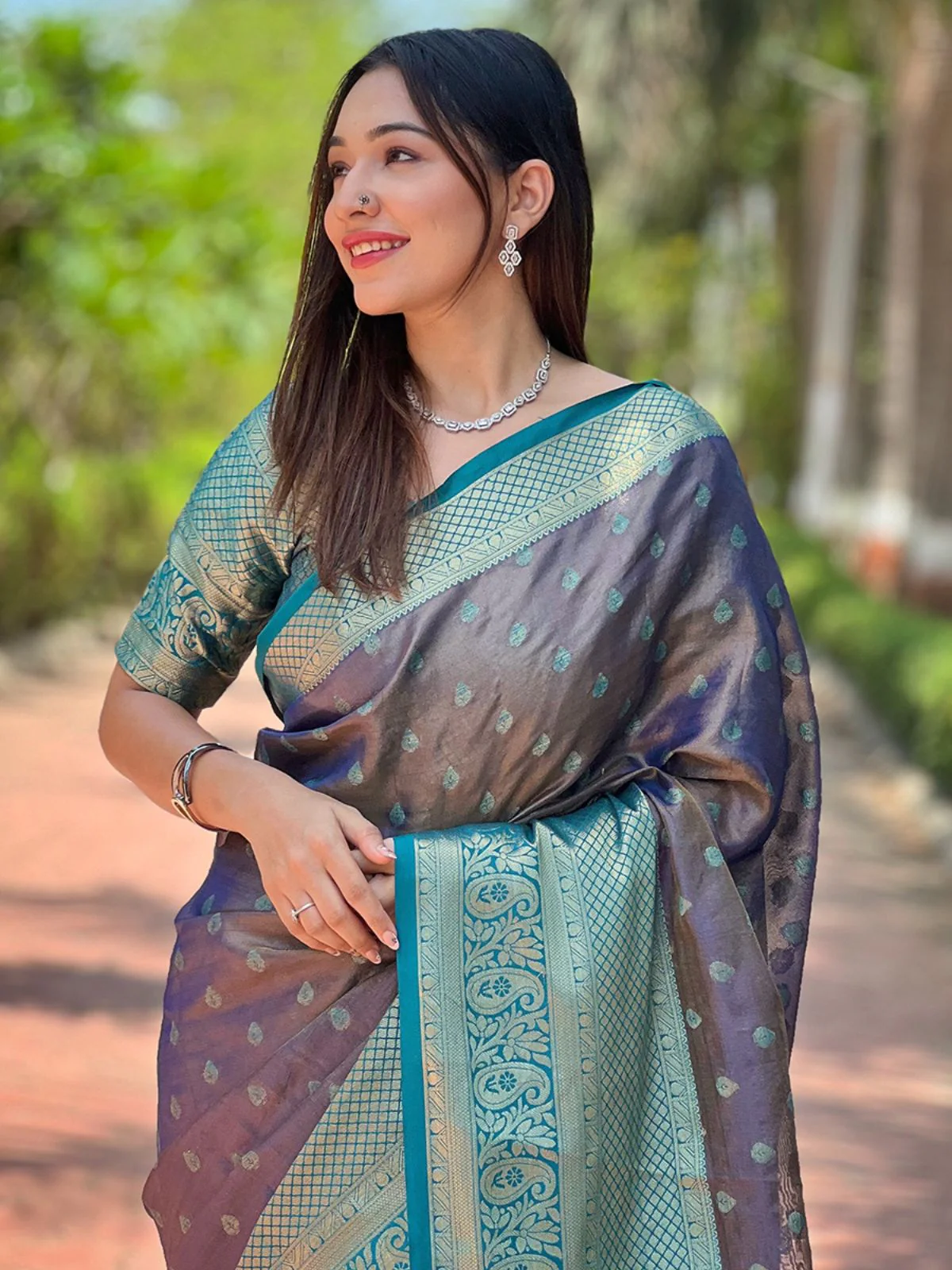 Odette Purple Woven Design Tissue Silk Saree With Unstitched Blouse For Women - Image 3