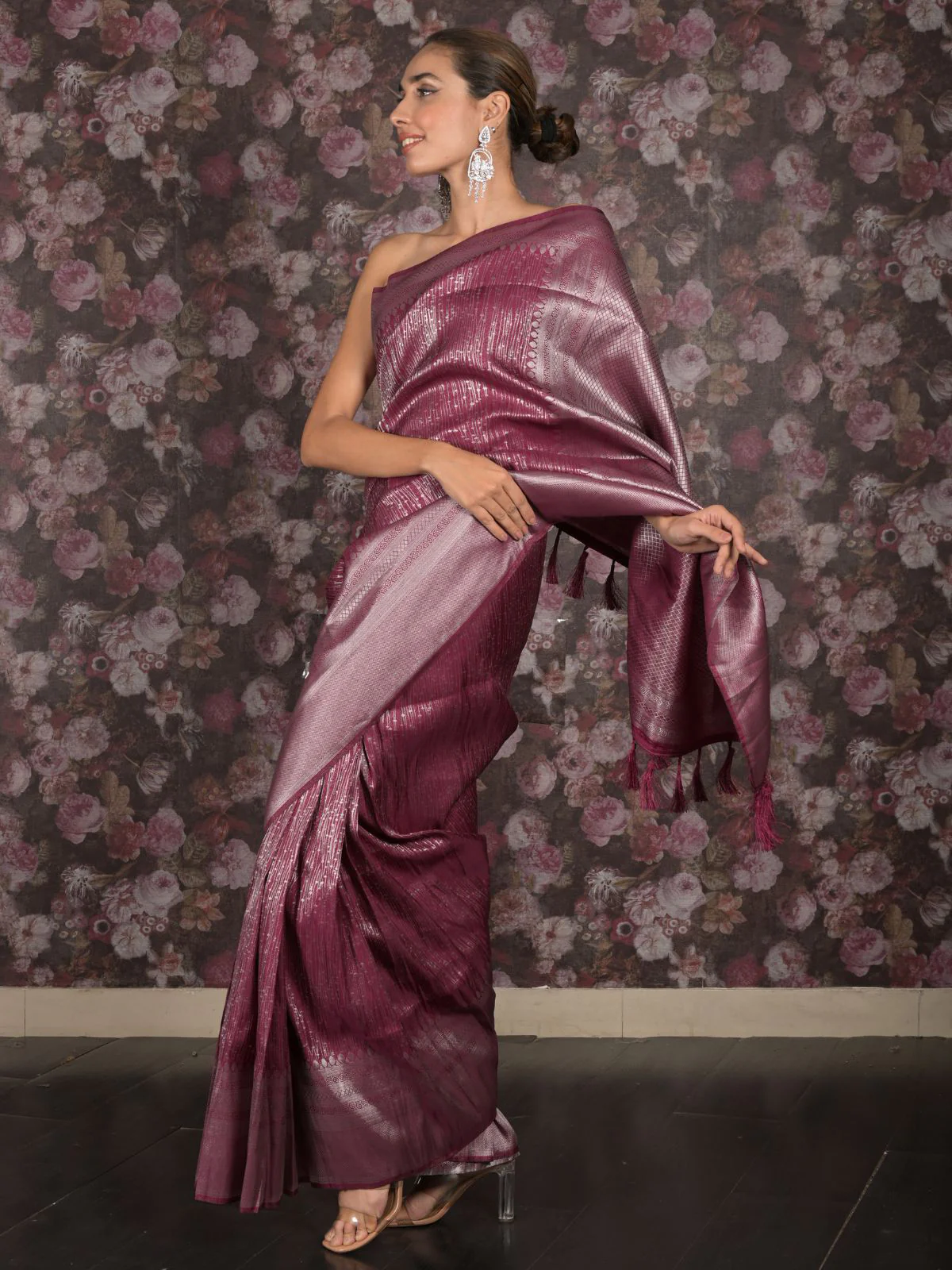 Odette Purple Woven Silk Blend Saree with Unstitched Blouse for Women - Image 3