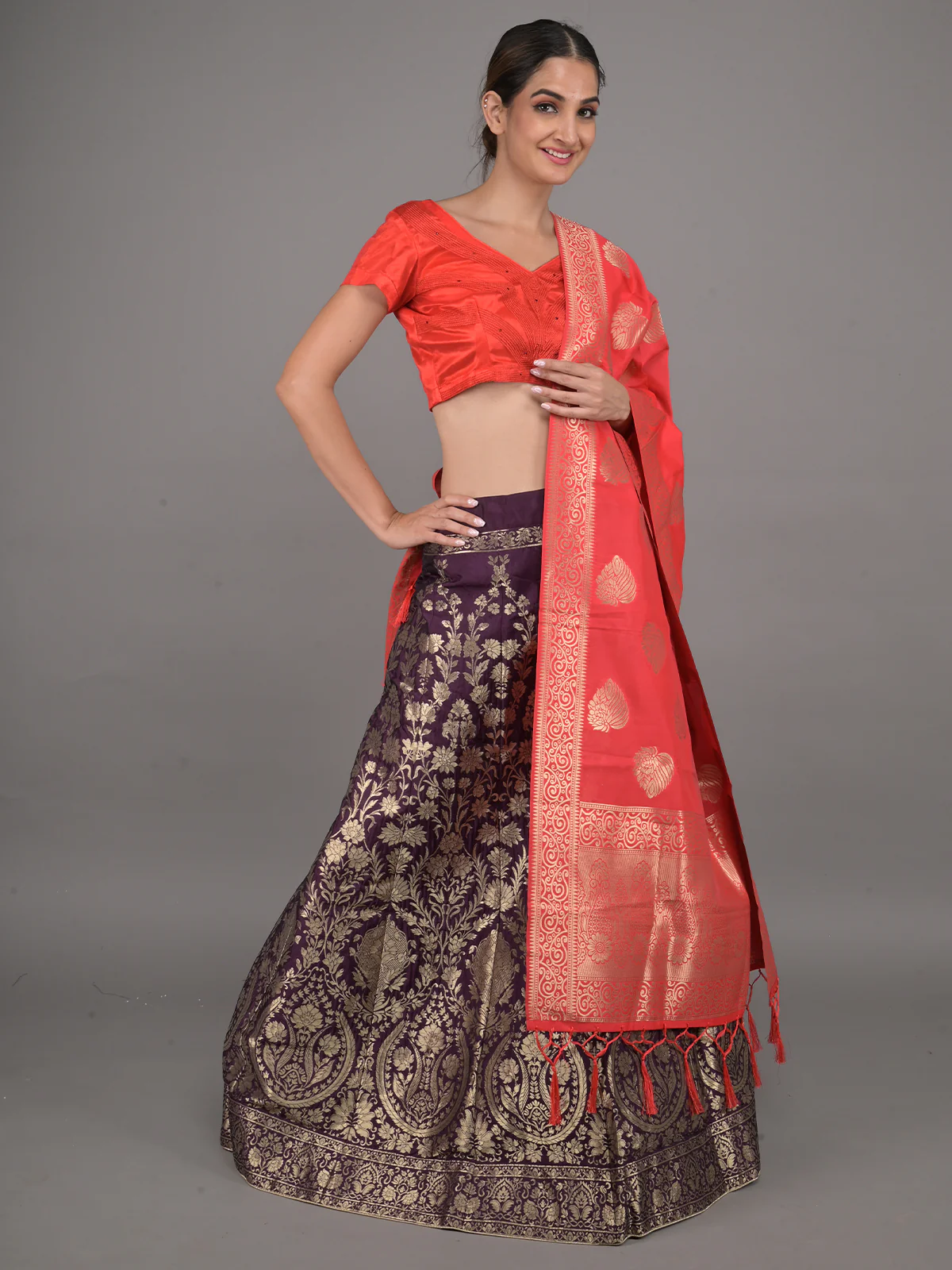 Odette Purple Woven Silk Blend Semi Stitched Lehenga With Red Unstitched Blouse For Women - Image 2