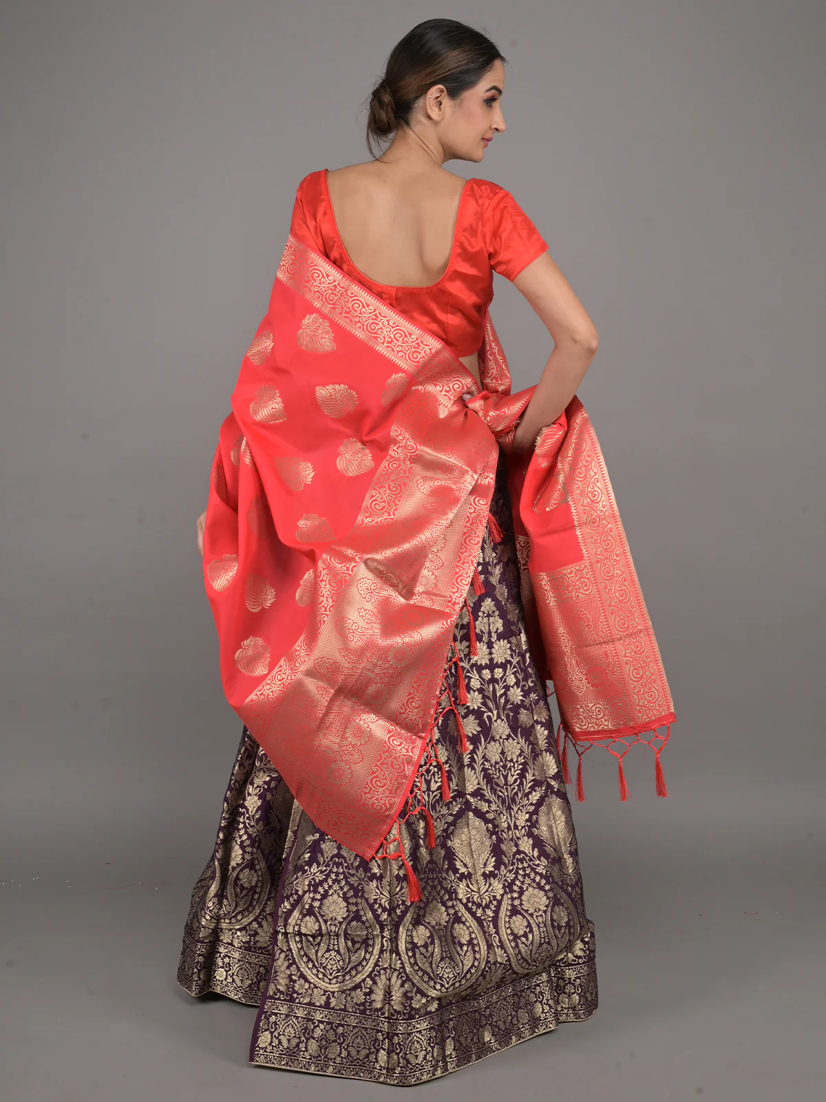 Odette Purple Woven Silk Blend Semi Stitched Lehenga With Red Unstitched Blouse For Women - Image 3