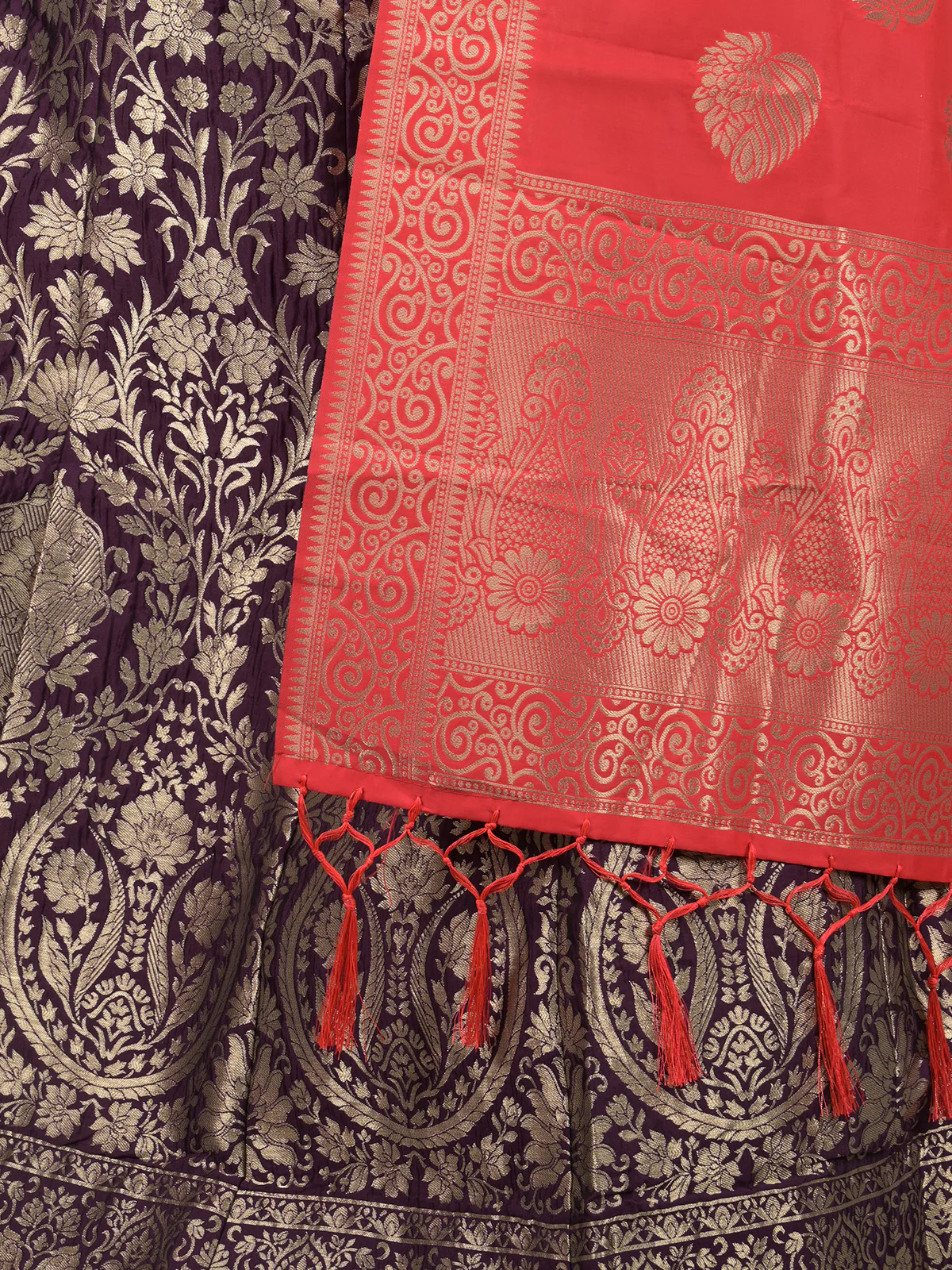 Odette Purple Woven Silk Blend Semi Stitched Lehenga With Red Unstitched Blouse For Women - Image 5