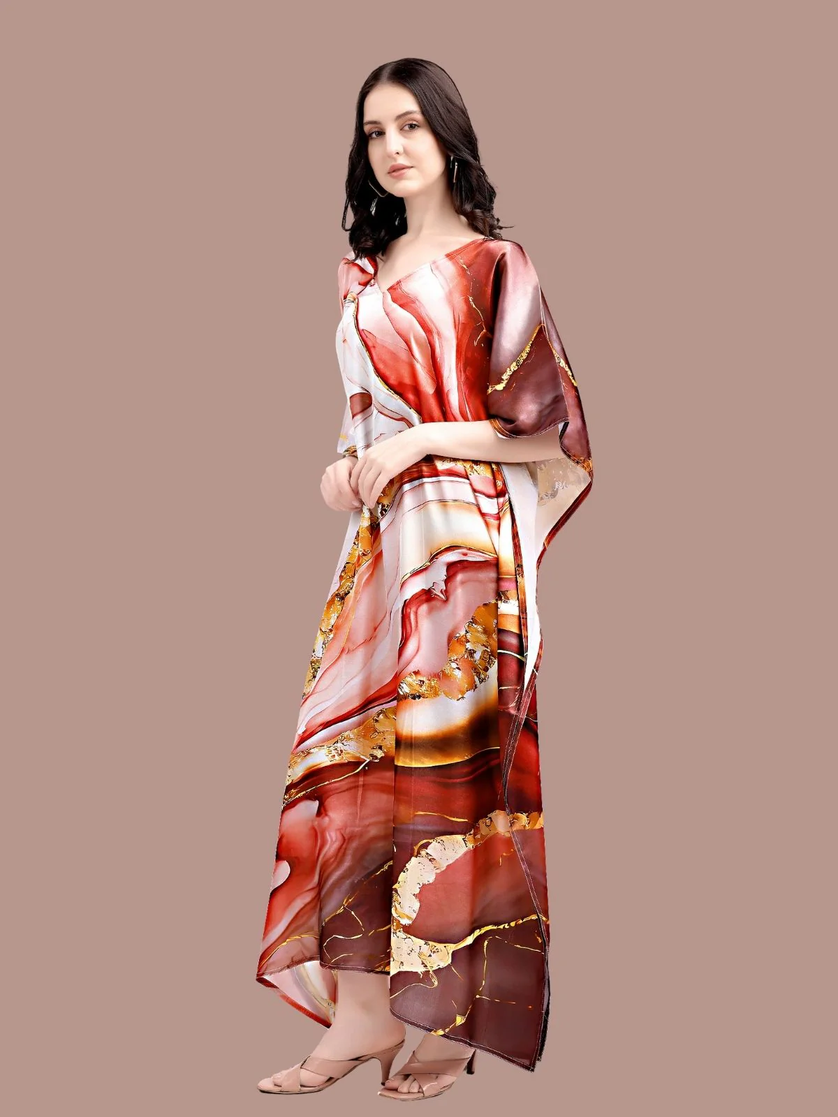 Odette Red And Brown Satin Printed Kaftan For Women - Image 2