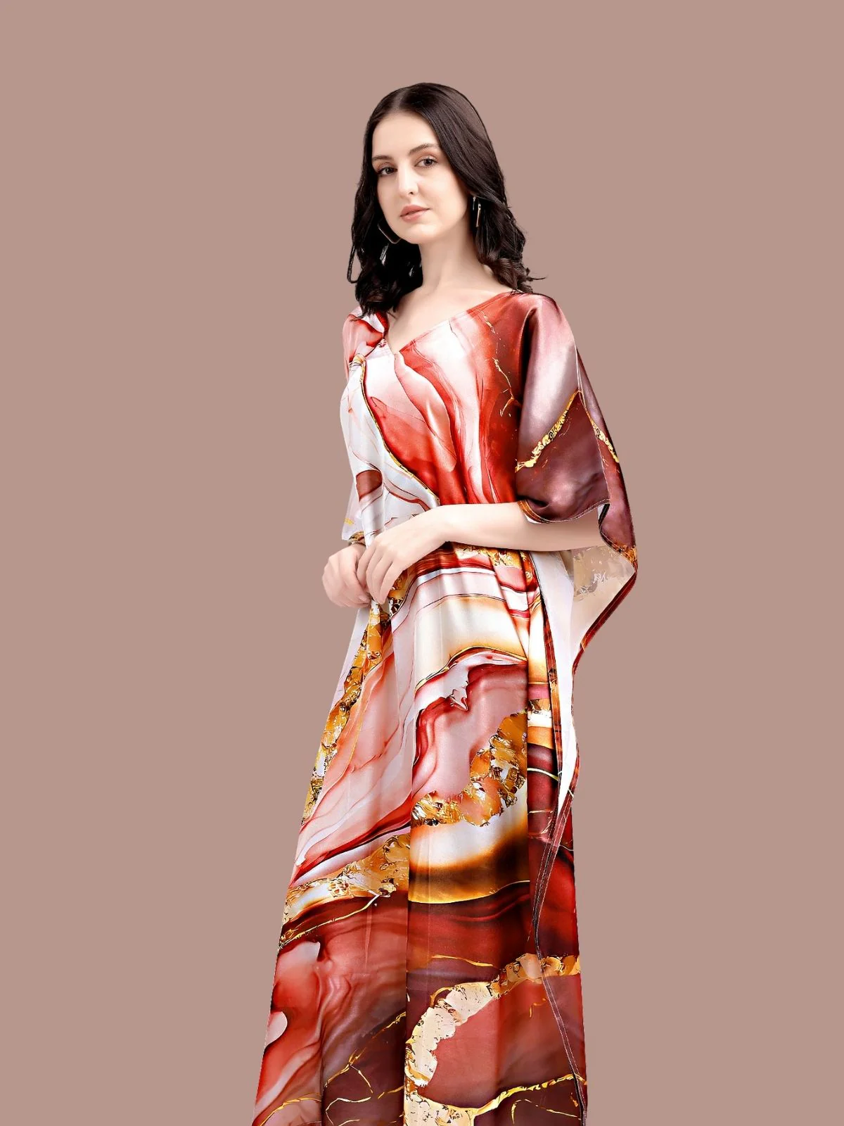 Odette Red And Brown Satin Printed Kaftan For Women - Image 4