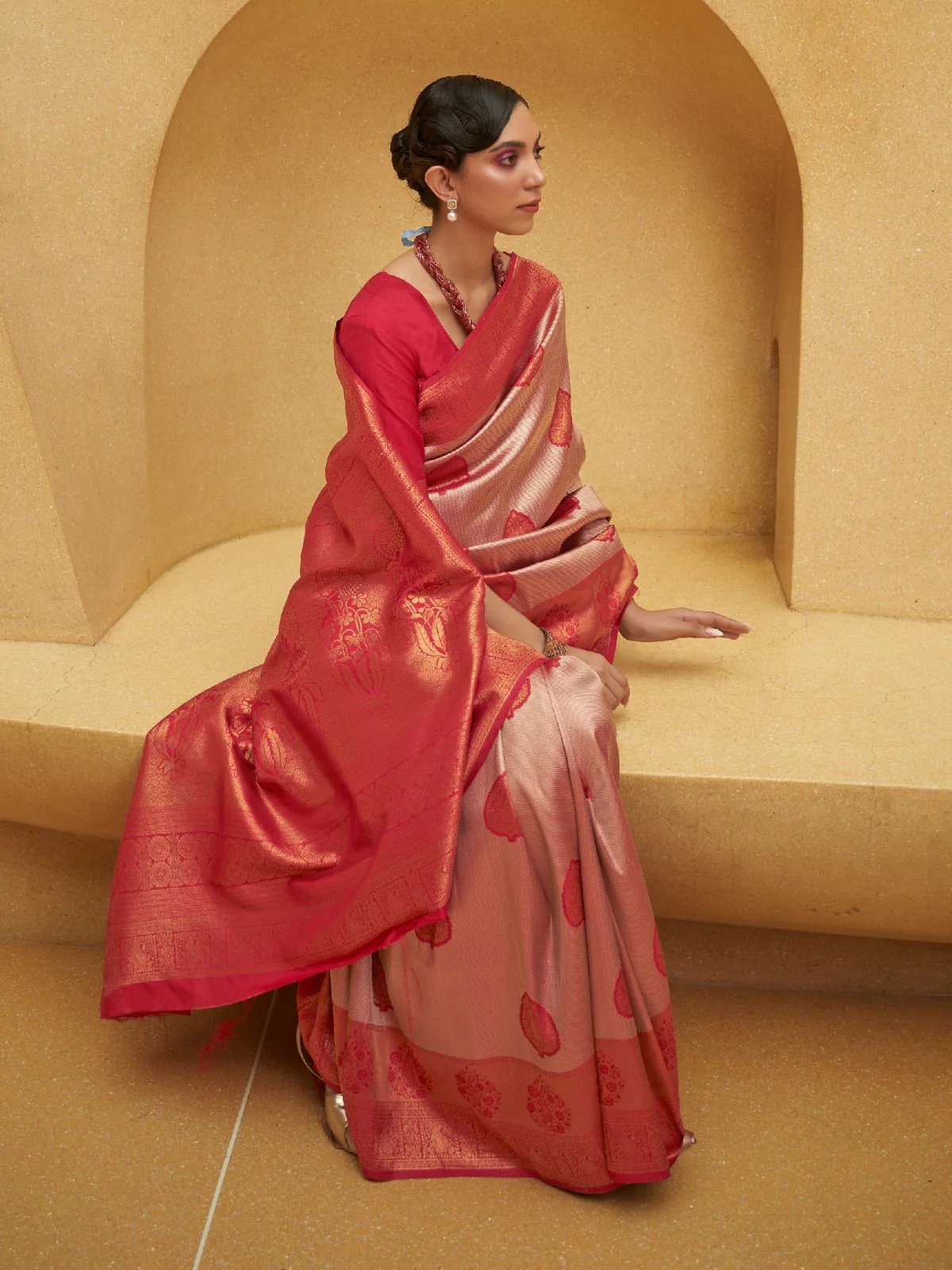 Odette Red Woven Design Silk Blend Saree With Unstitched Blouse For Women - Image 2