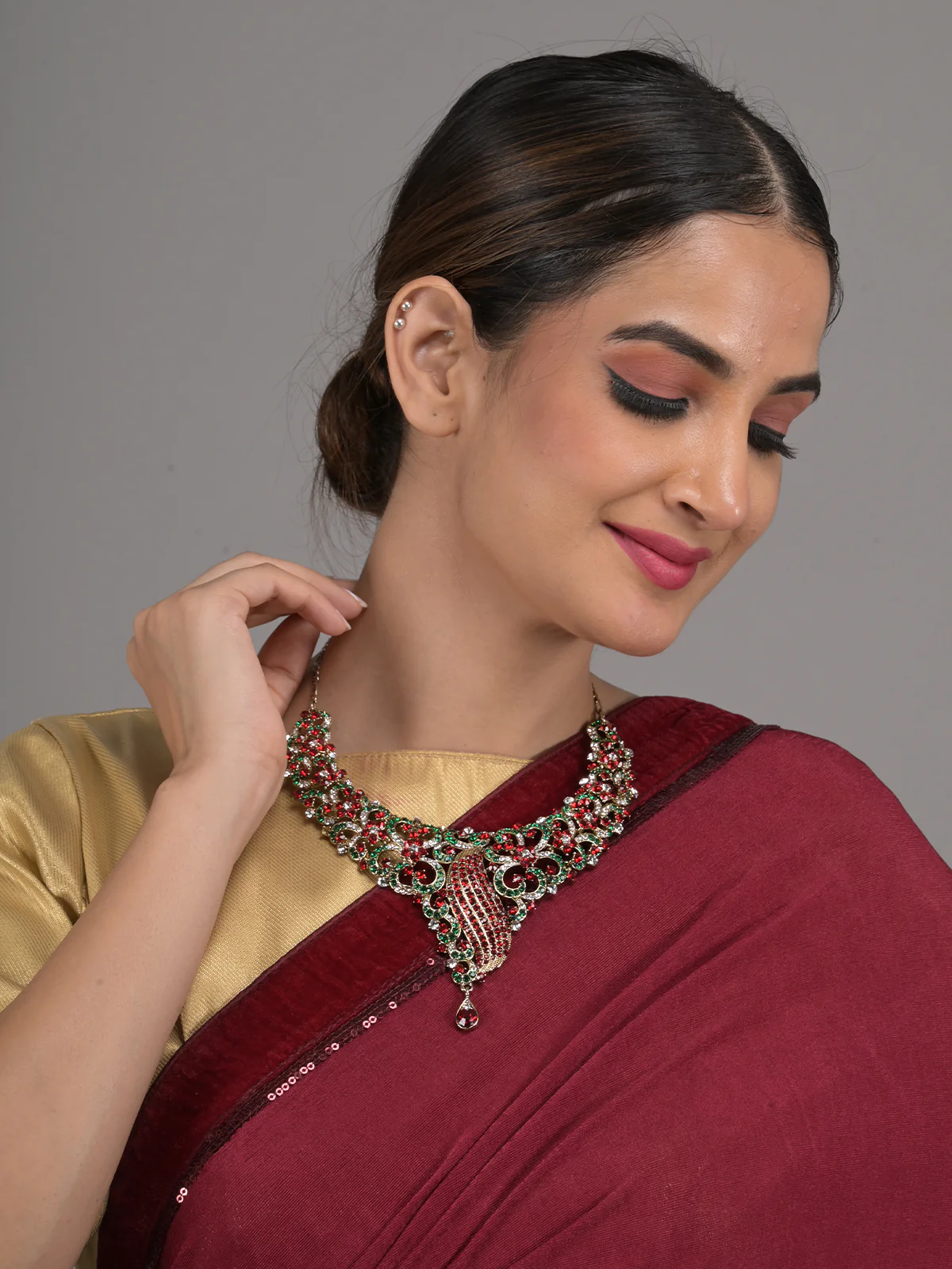 Odette Red and Green Gemstone Embellished Necklace Set for Women - Image 2