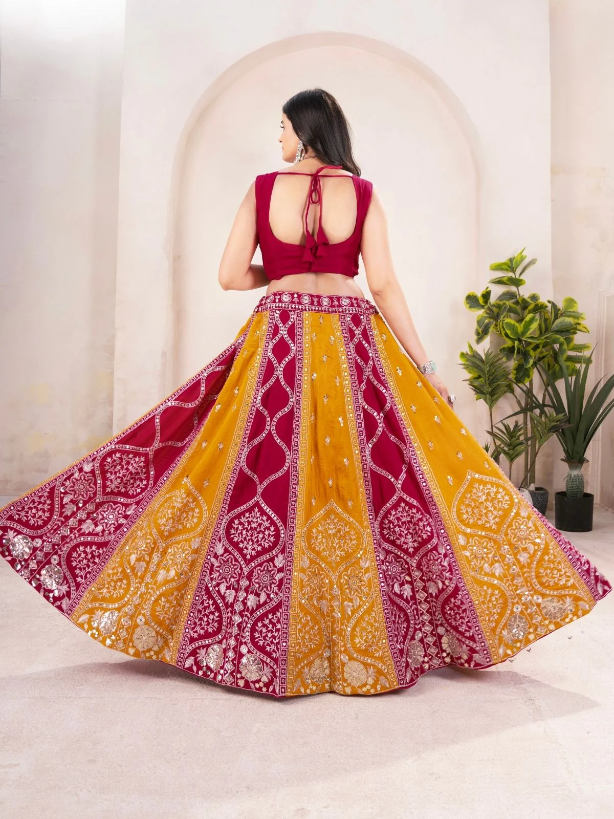 Odette Red And Mustard Silk Blend Embellished Semi Stitched Lehenga For Women - Image 3