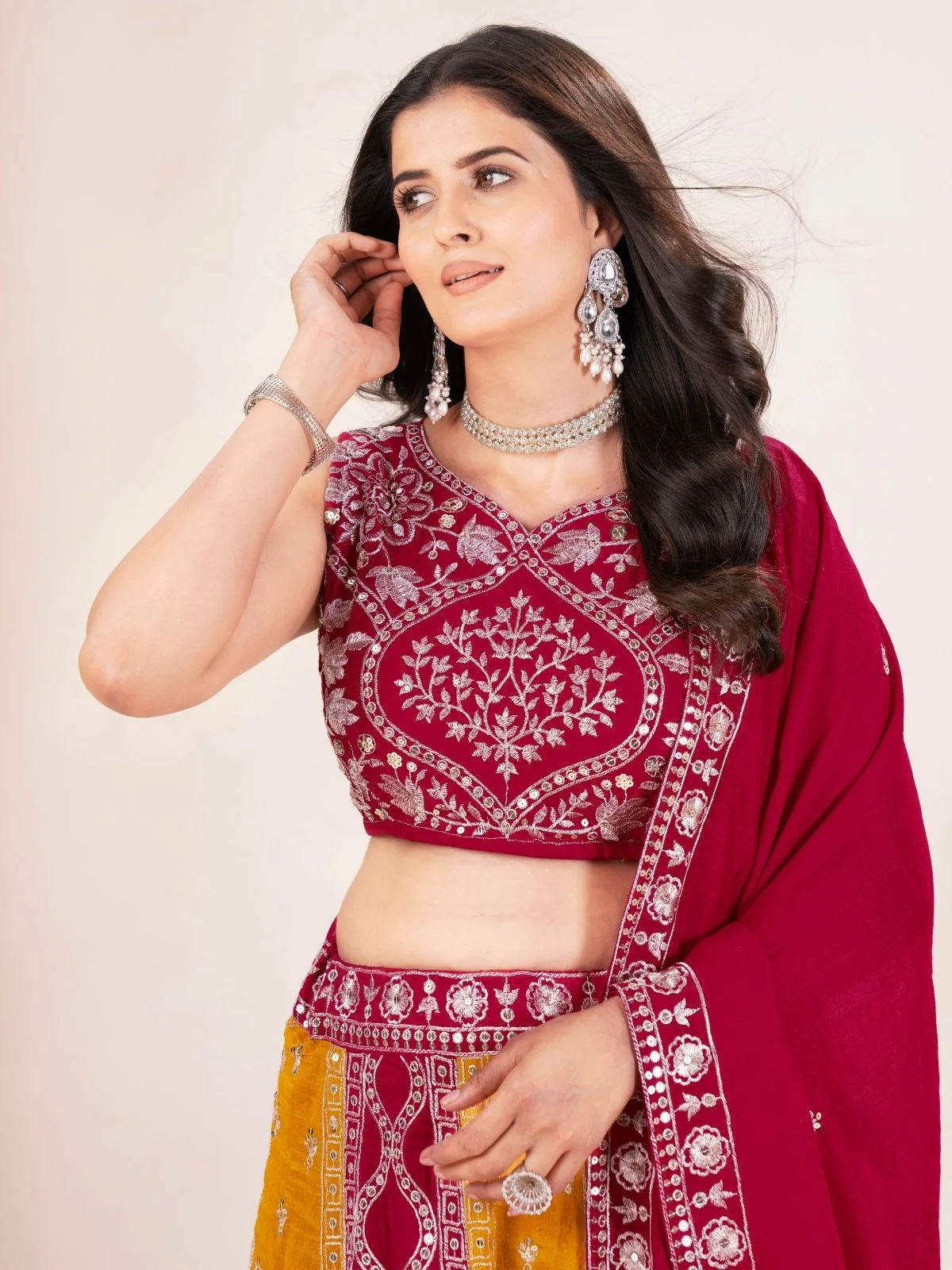 Odette Red And Mustard Silk Blend Embellished Semi Stitched Lehenga For Women - Image 4