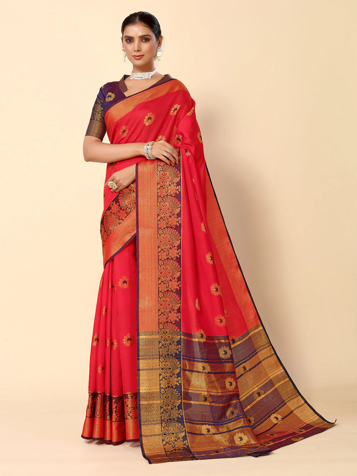 Odette Red And Navy Blue Cotton Blend Woven Design Saree With Unstitched Blouse For Women