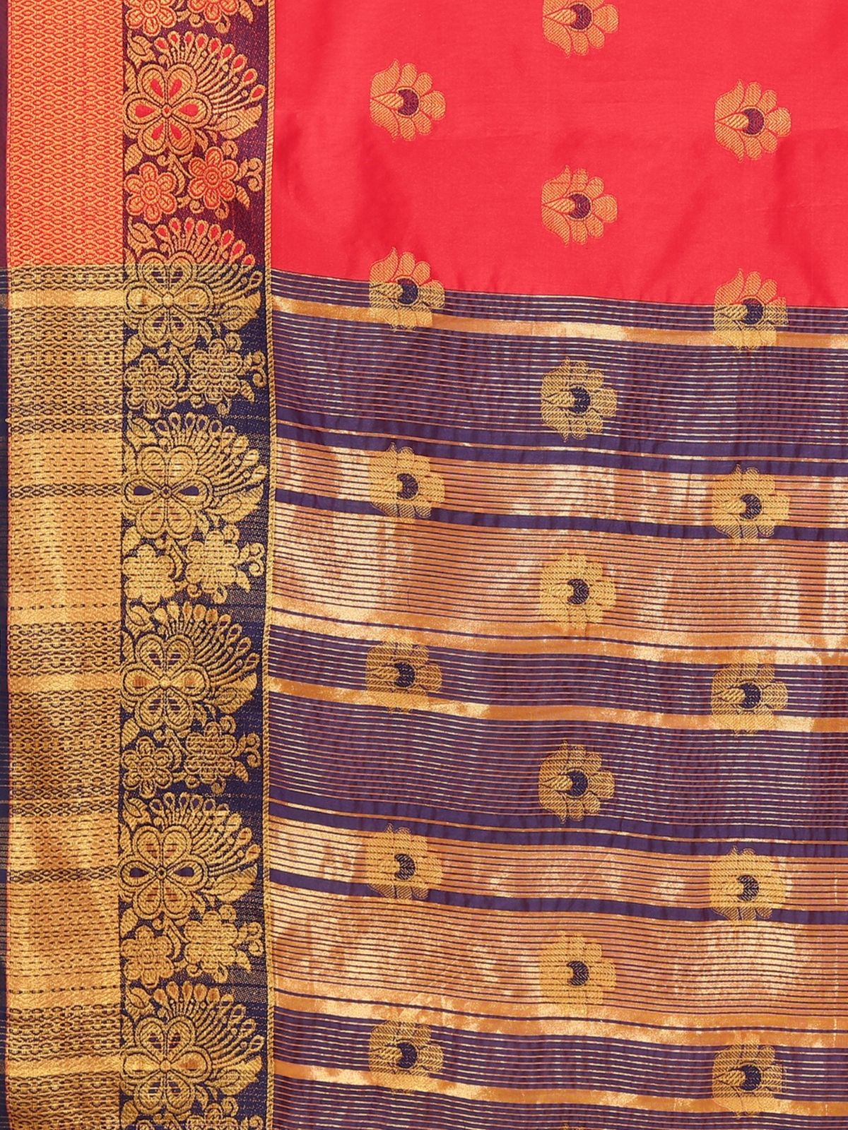 Odette Red And Navy Blue Cotton Blend Woven Design Saree With Unstitched Blouse For Women - Image 6