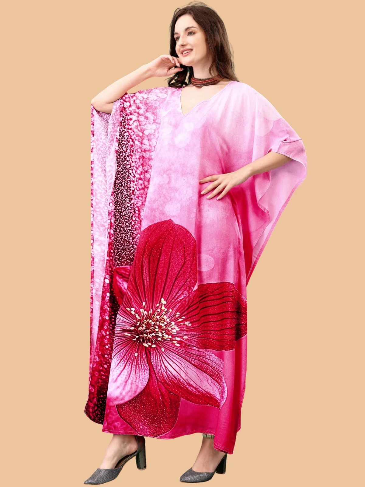 Odette Red And Pink Silk Blend Printed Kaftan For Women - Image 2