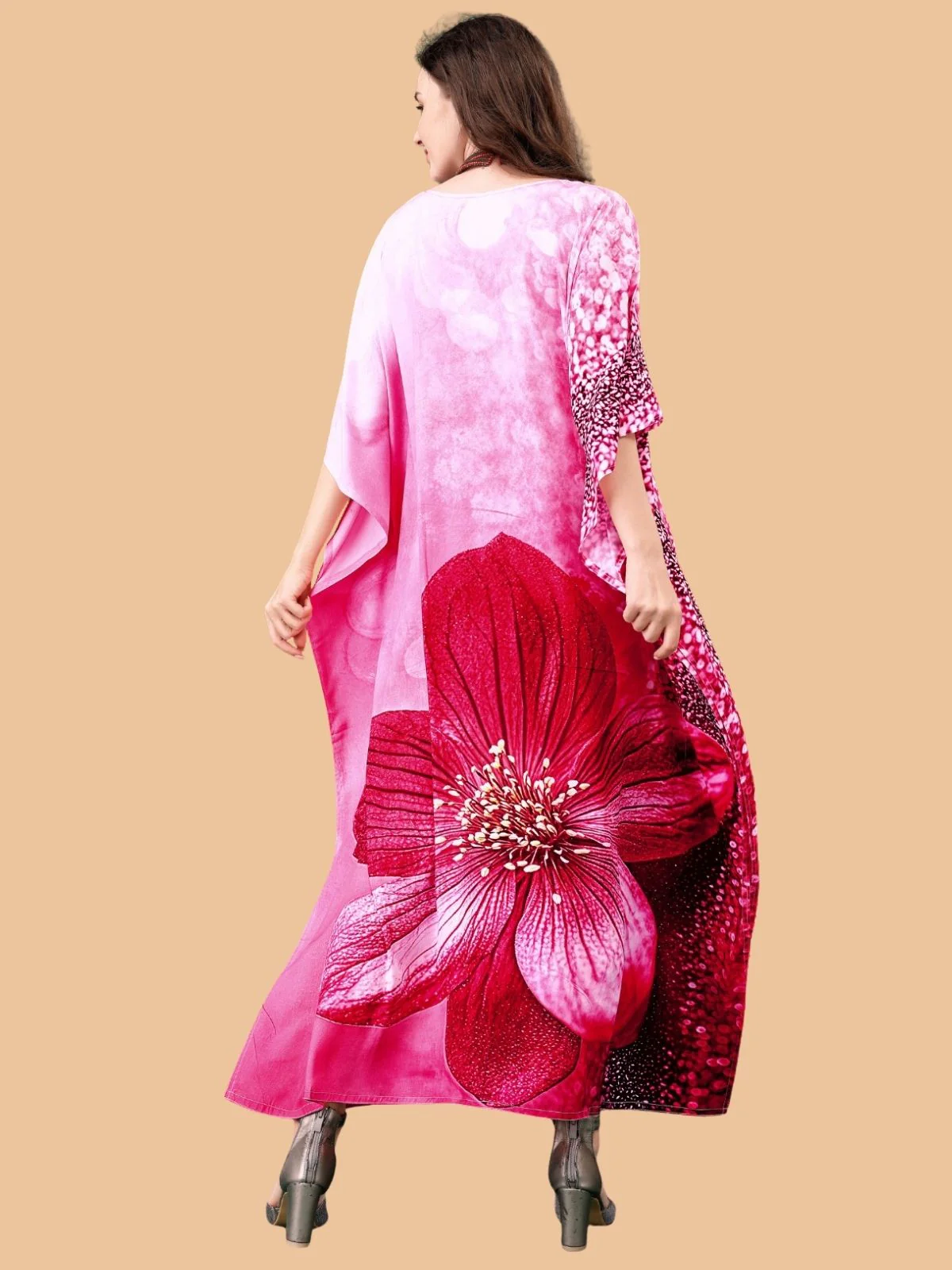 Odette Red And Pink Silk Blend Printed Kaftan For Women - Image 3