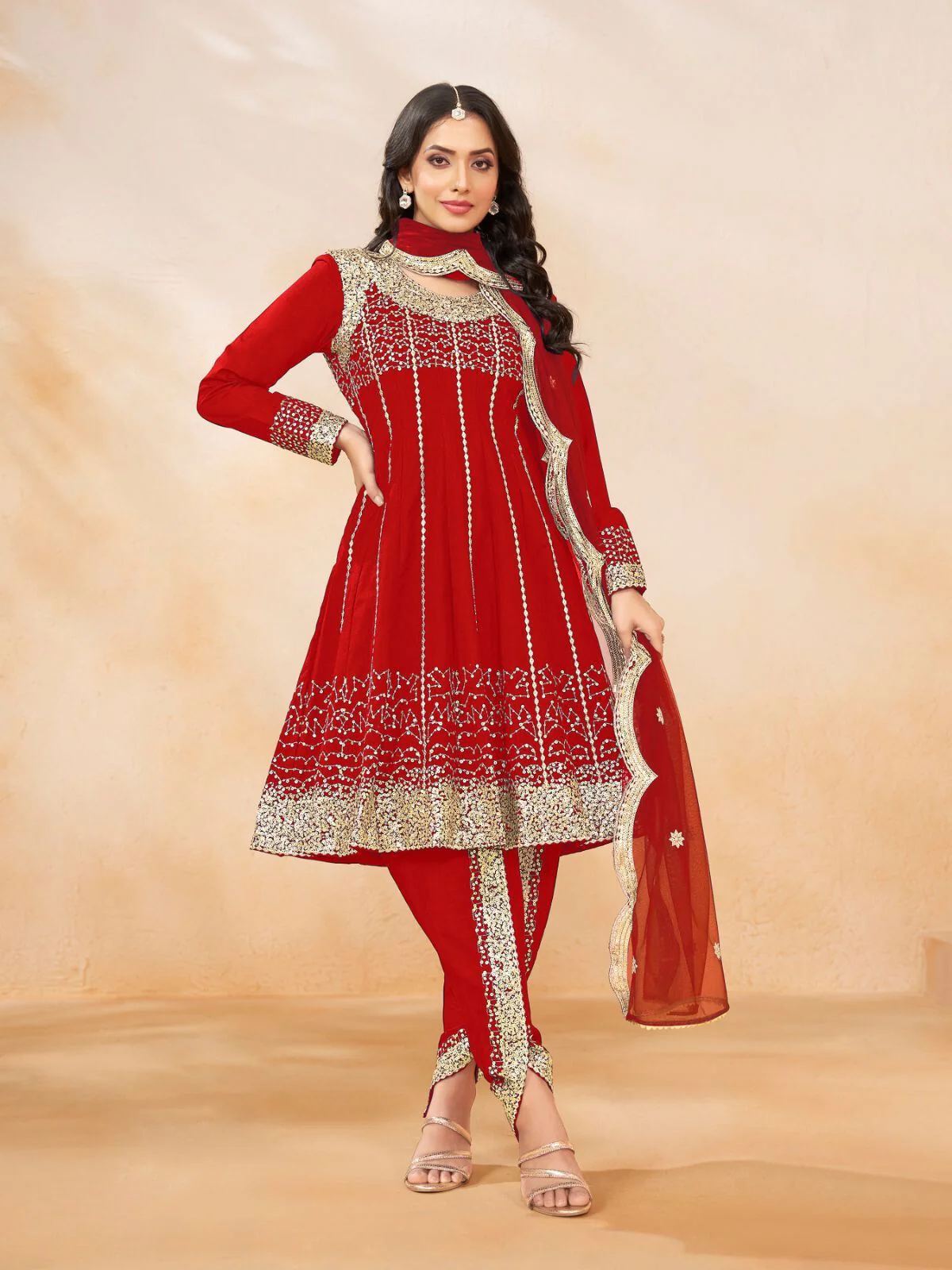 Odette Red Art Silk Embellished Semi Stitched Kurta Set For Women - Image 3