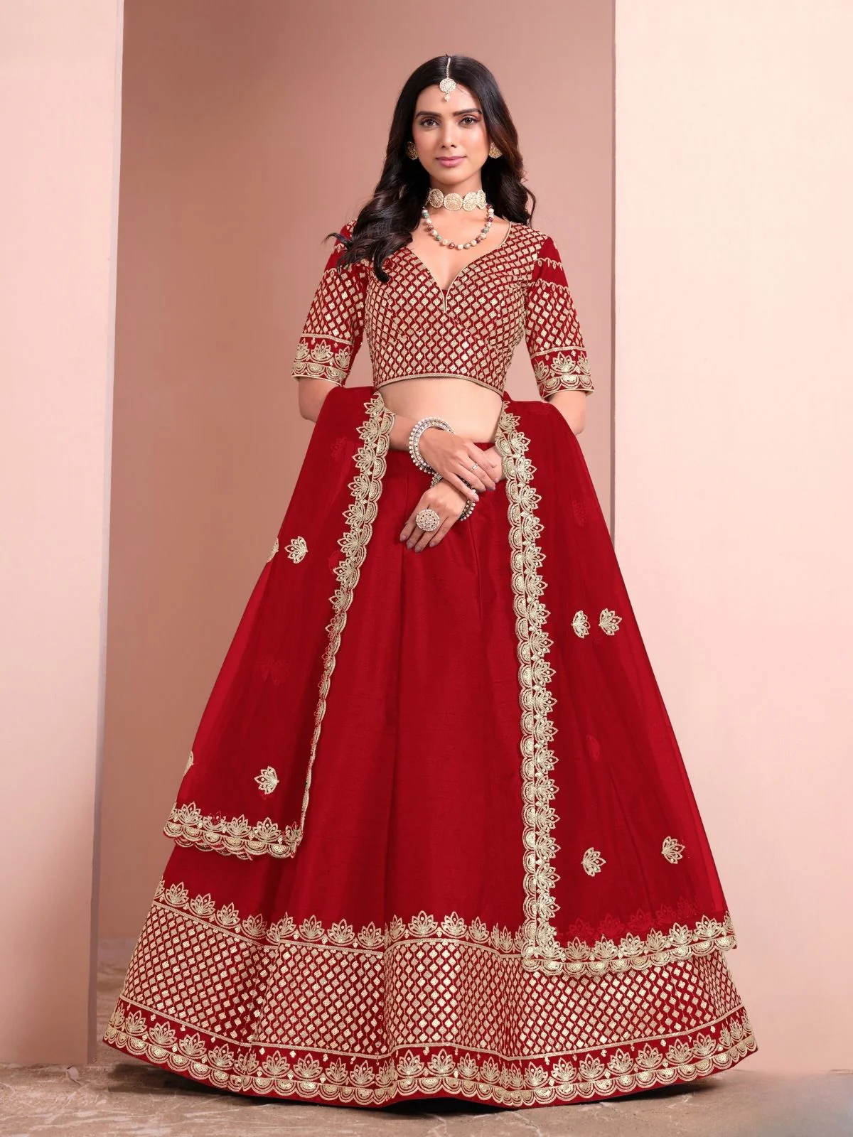 Odette Red Art Silk Embellished Semi-Stitched lehenga For Women - Image 2