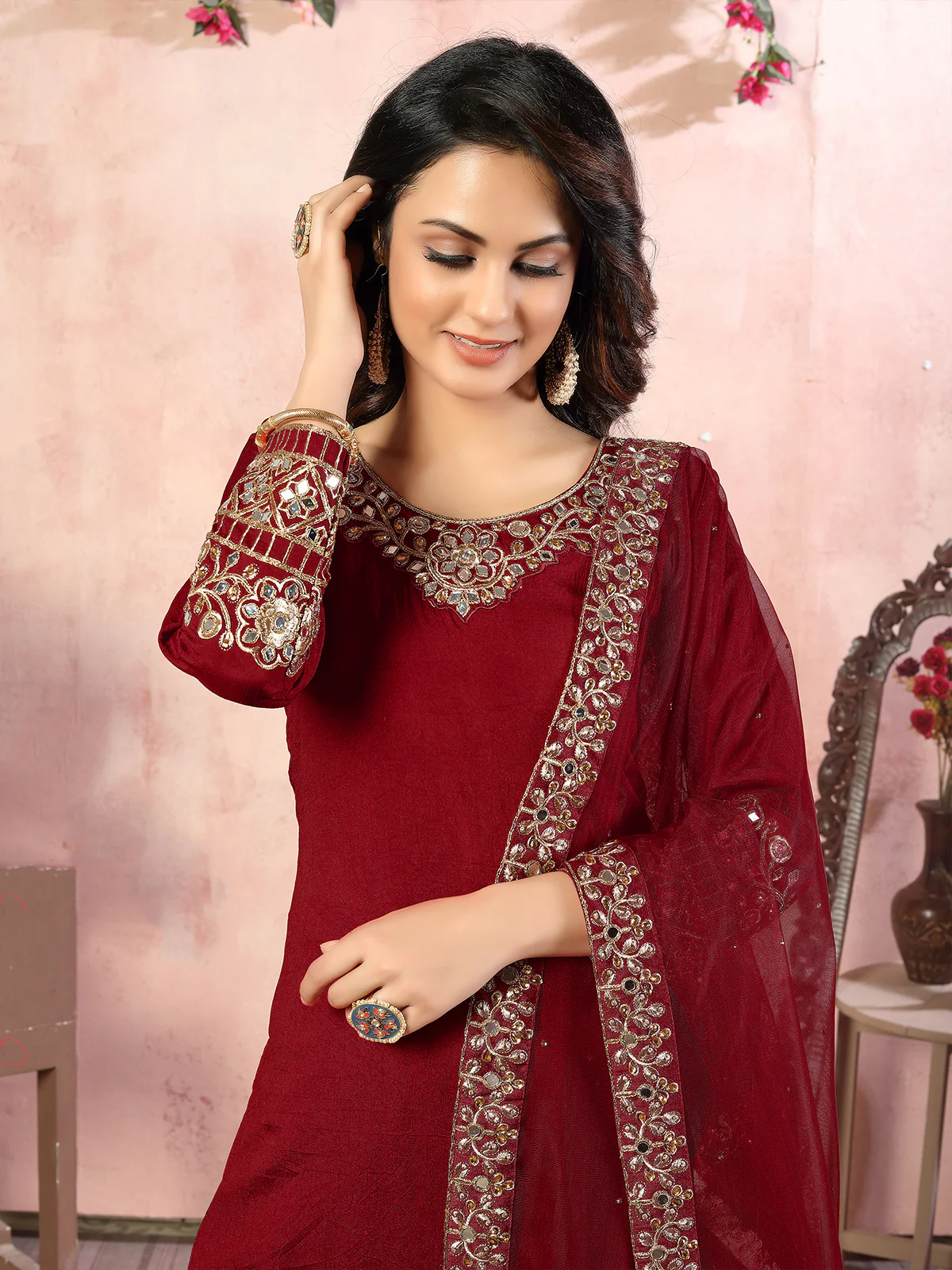 Odette Red Art Silk Embroidered Semi stitched Kurta Set For Women - Image 3