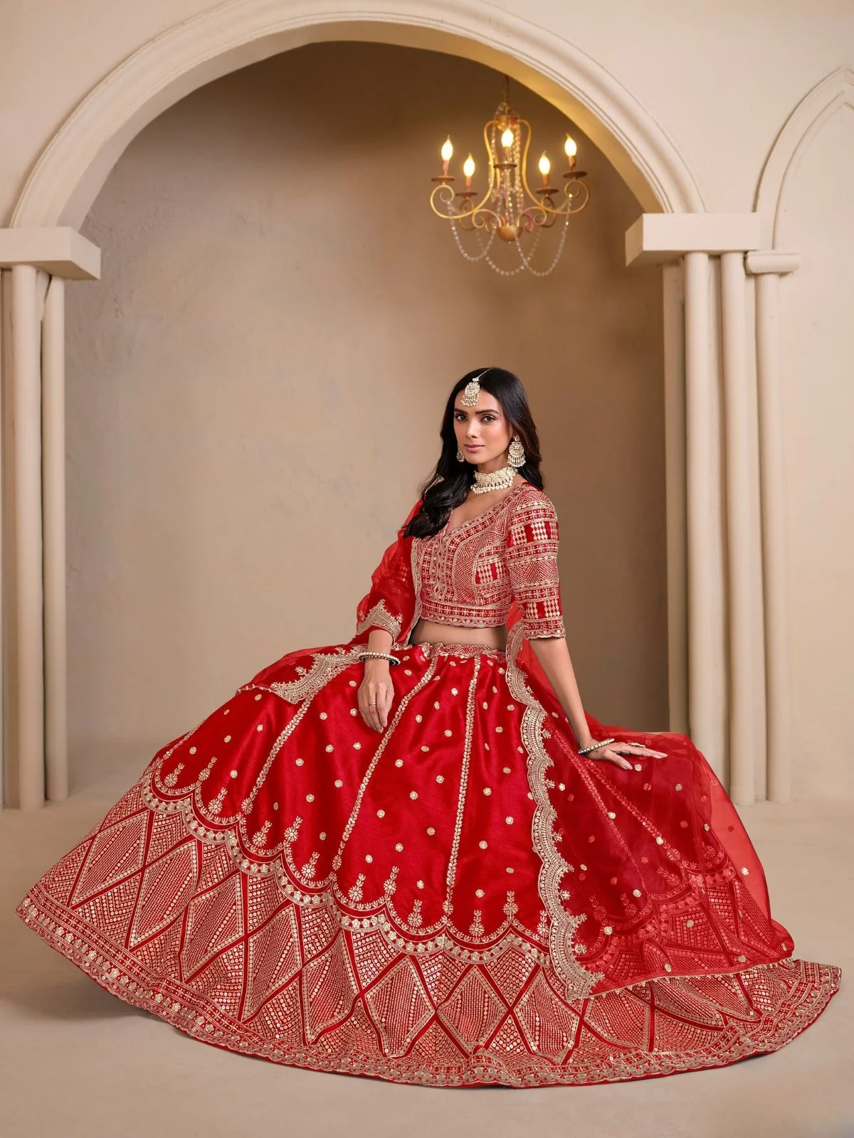 Odette Red Art Silk Embroidered Semi-Stitched lehenga For Women - Image 2