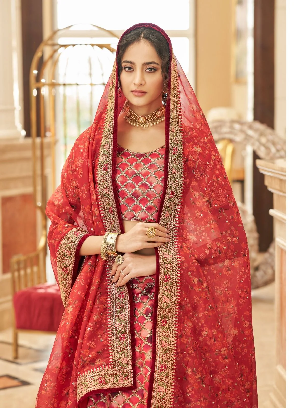 Odette Red Art Silk Embroidered Semi Stitched Lehenga With Blouse For Women - Image 3