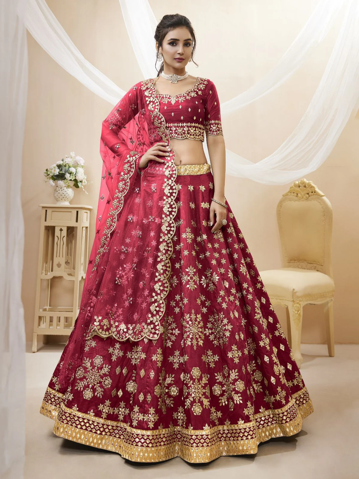 Odette Red Art Silk Embroidered Semi Stitched Lehenga With Unstitched Blouse For Women