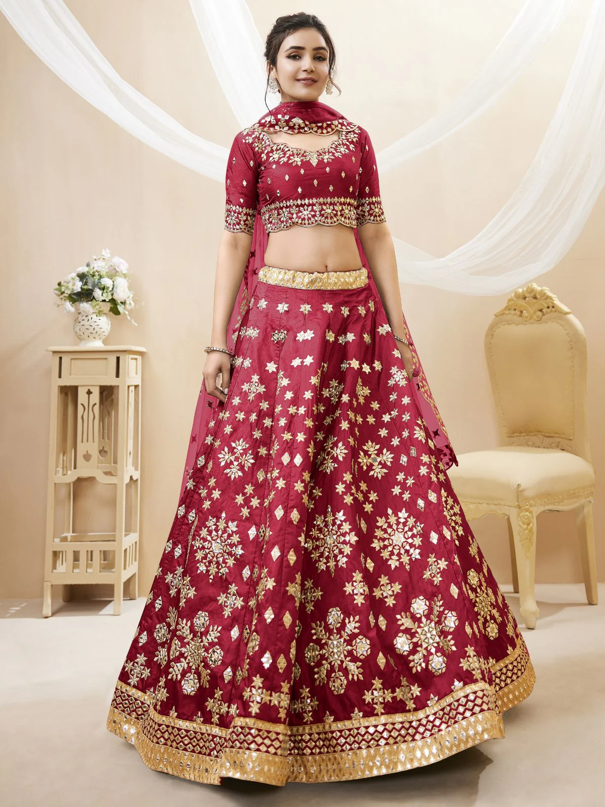 Odette Red Art Silk Embroidered Semi Stitched Lehenga With Unstitched Blouse For Women - Image 2