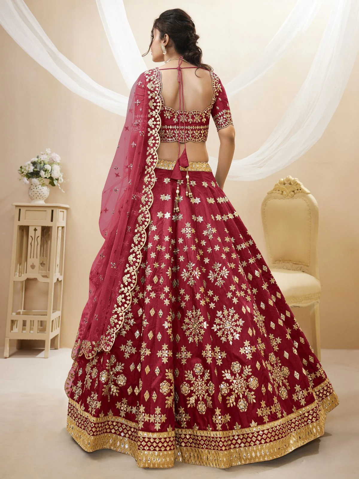 Odette Red Art Silk Embroidered Semi Stitched Lehenga With Unstitched Blouse For Women - Image 3