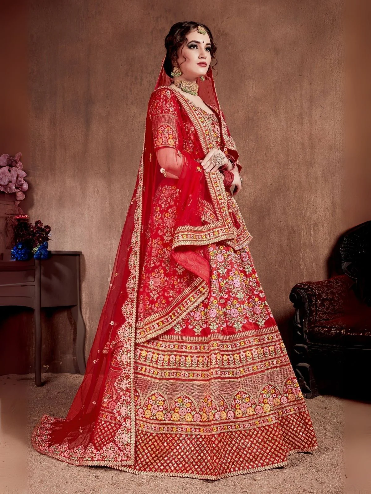 Odette Red Art Silk Embroidered Semi-Stitched lehenga For Women - Image 2