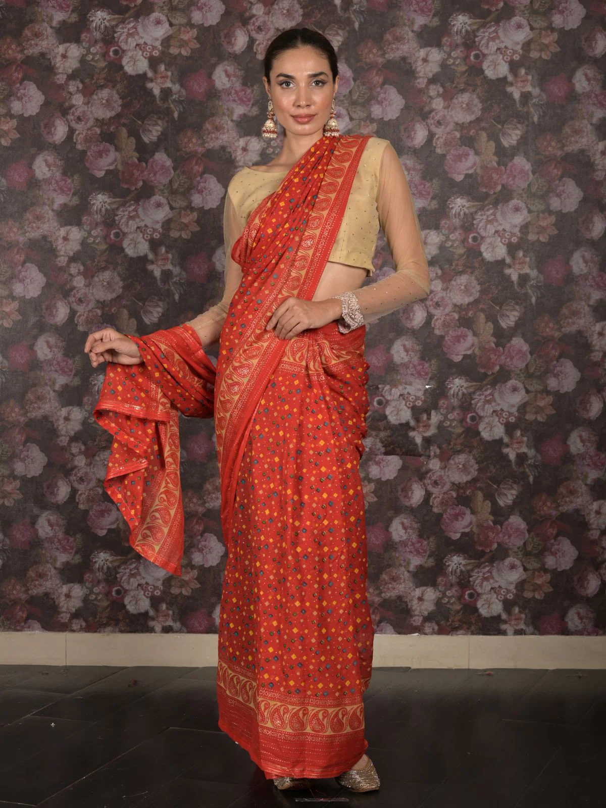 Odette Red Bandhani Print Georgette Saree with Unstitched Blouse for Women