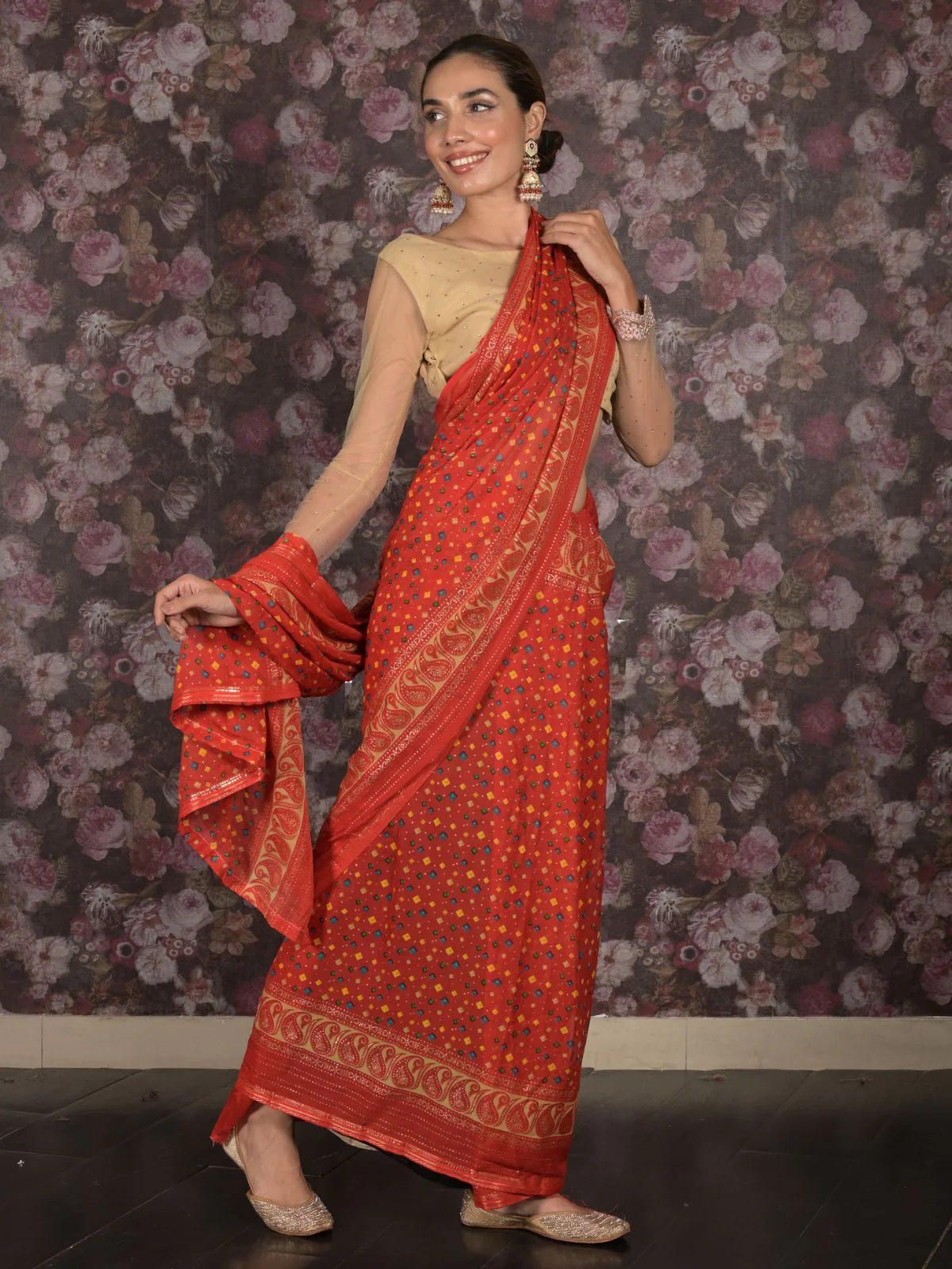Odette Red Bandhani Print Georgette Saree with Unstitched Blouse for Women - Image 2