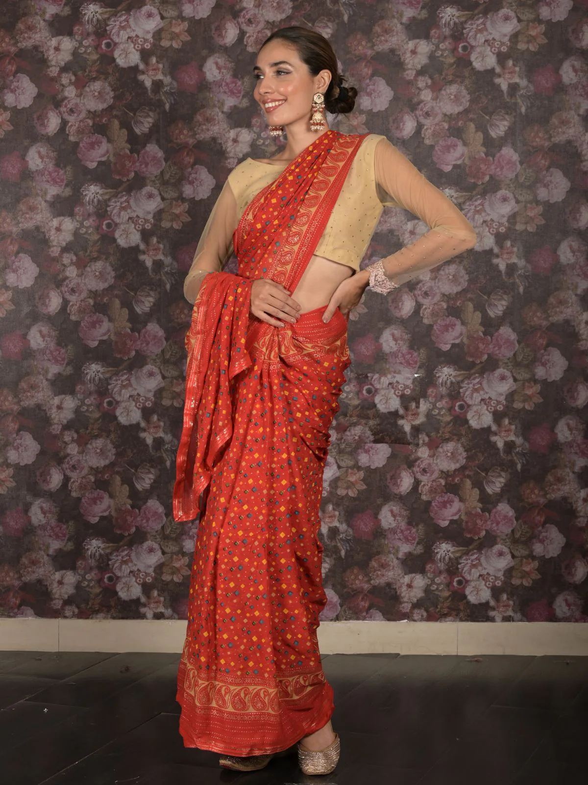 Odette Red Bandhani Print Georgette Saree with Unstitched Blouse for Women - Image 3