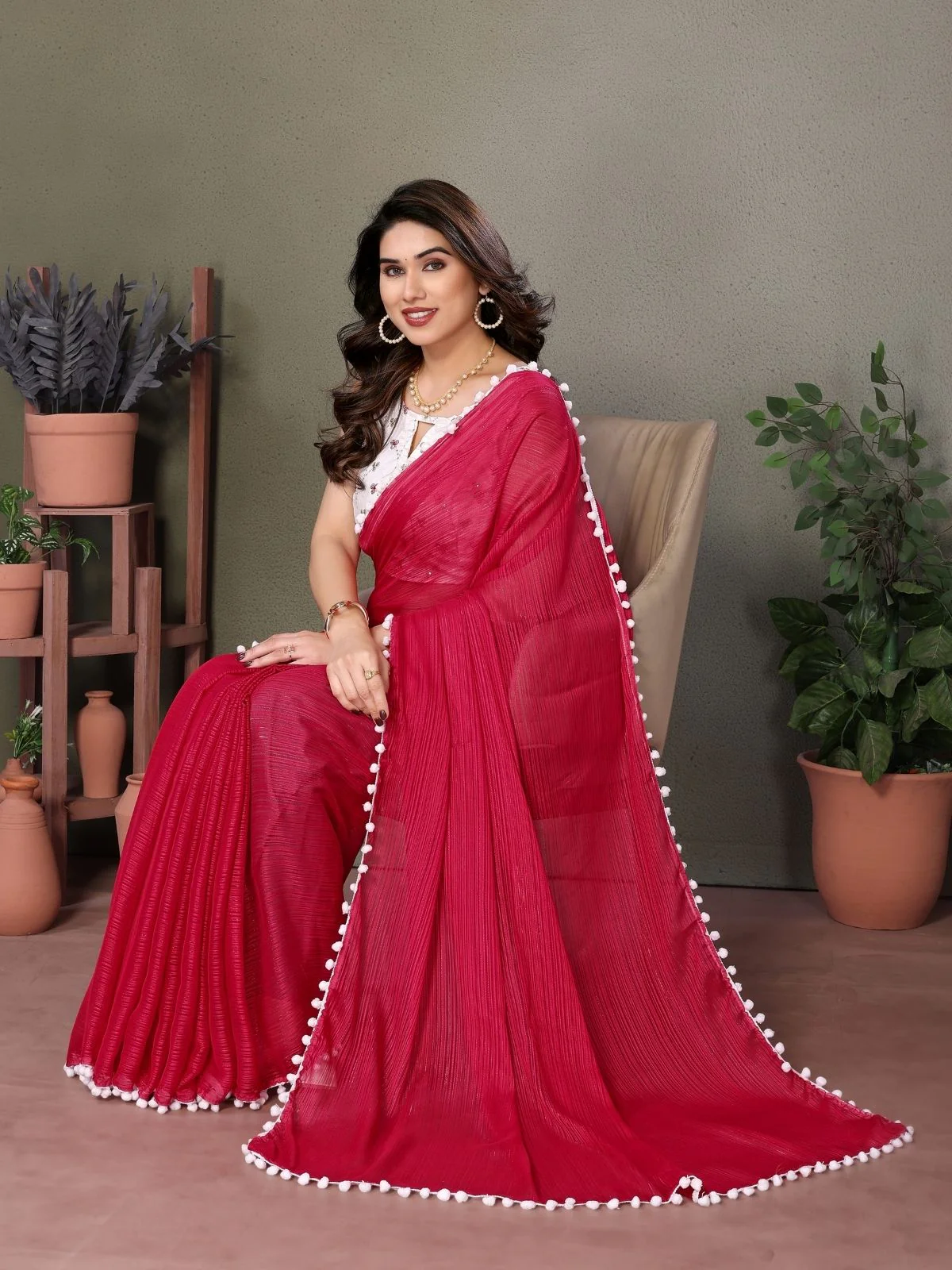 Odette Red  Banglori Lace Work Saree With Unstitched Blouse For Women - Image 2