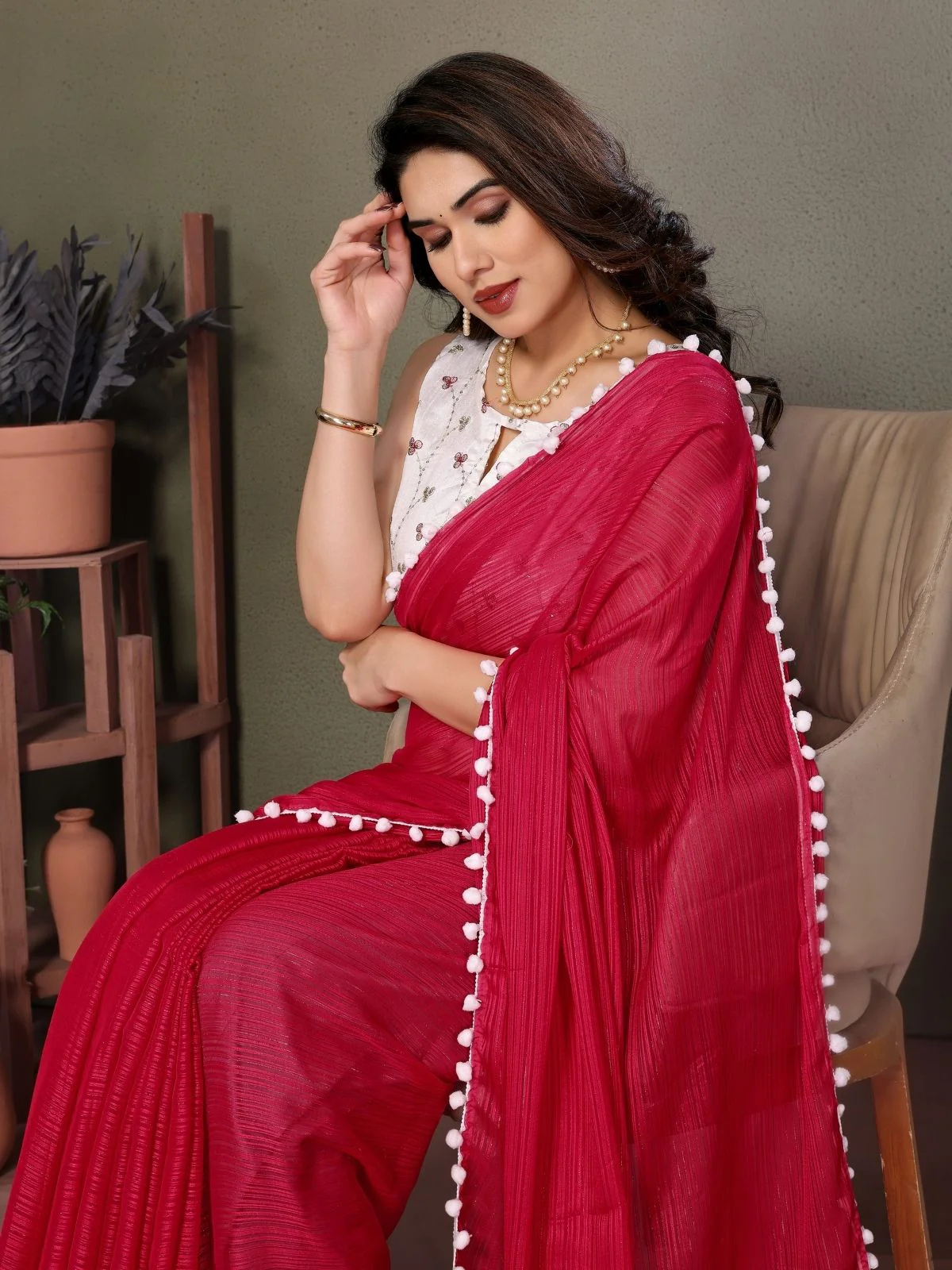 Odette Red  Banglori Lace Work Saree With Unstitched Blouse For Women - Image 3