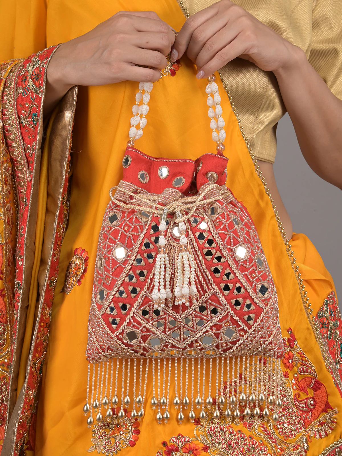 Odette Red Beads and Mirror Embroidered Potli Bag for Women - Image 2