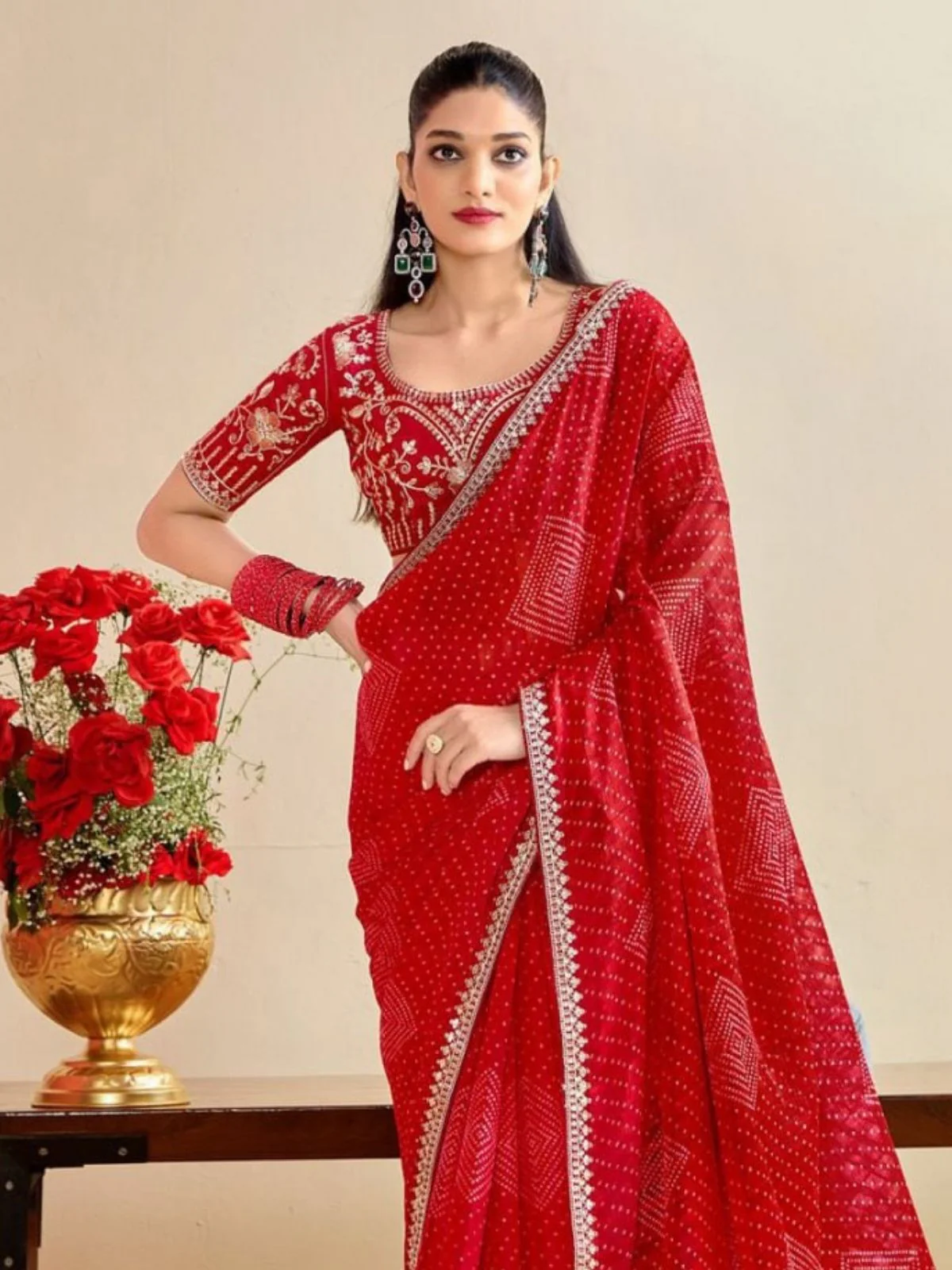 Odette Red Chiffon Embellished Saree For Women - Image 2