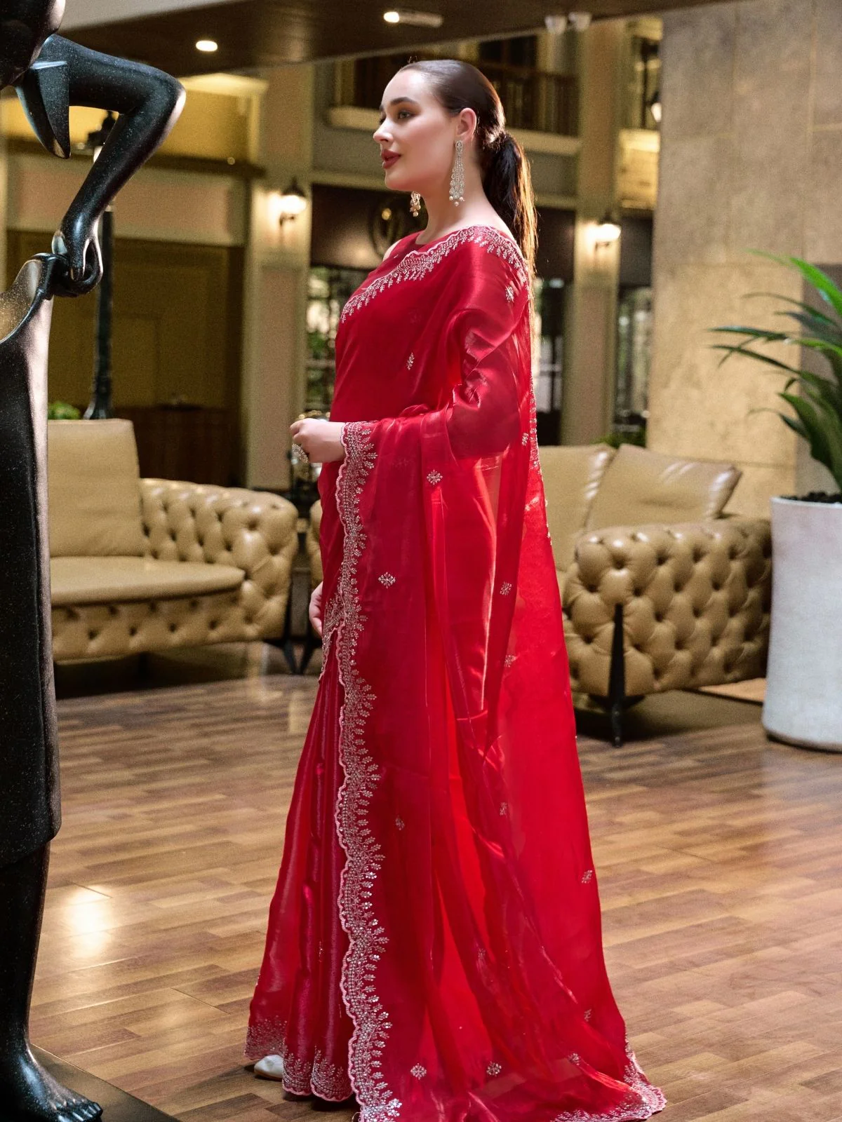 Odette Red Chiffon Embellished Saree For Women - Image 3