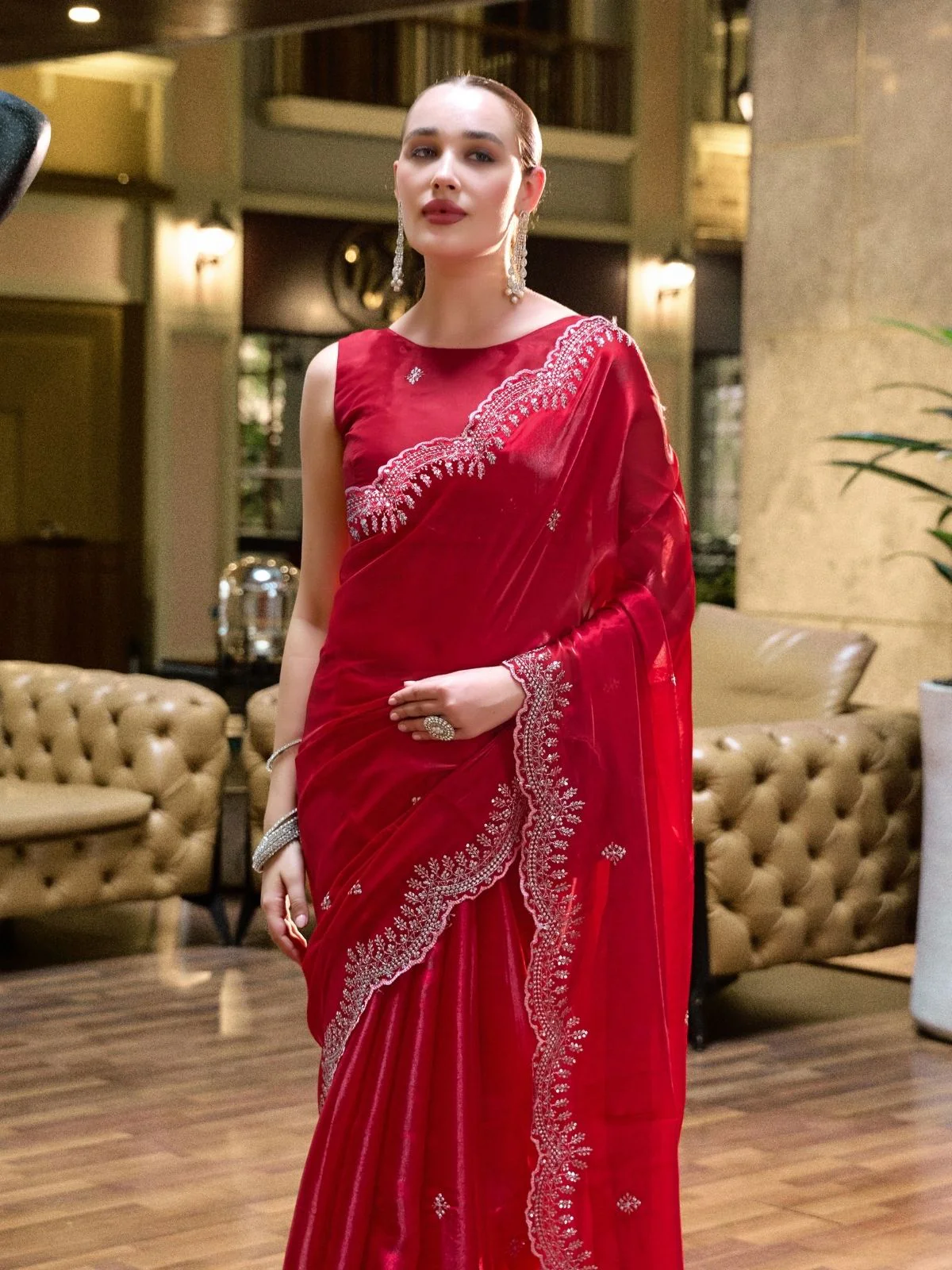 Odette Red Chiffon Embellished Saree For Women - Image 5