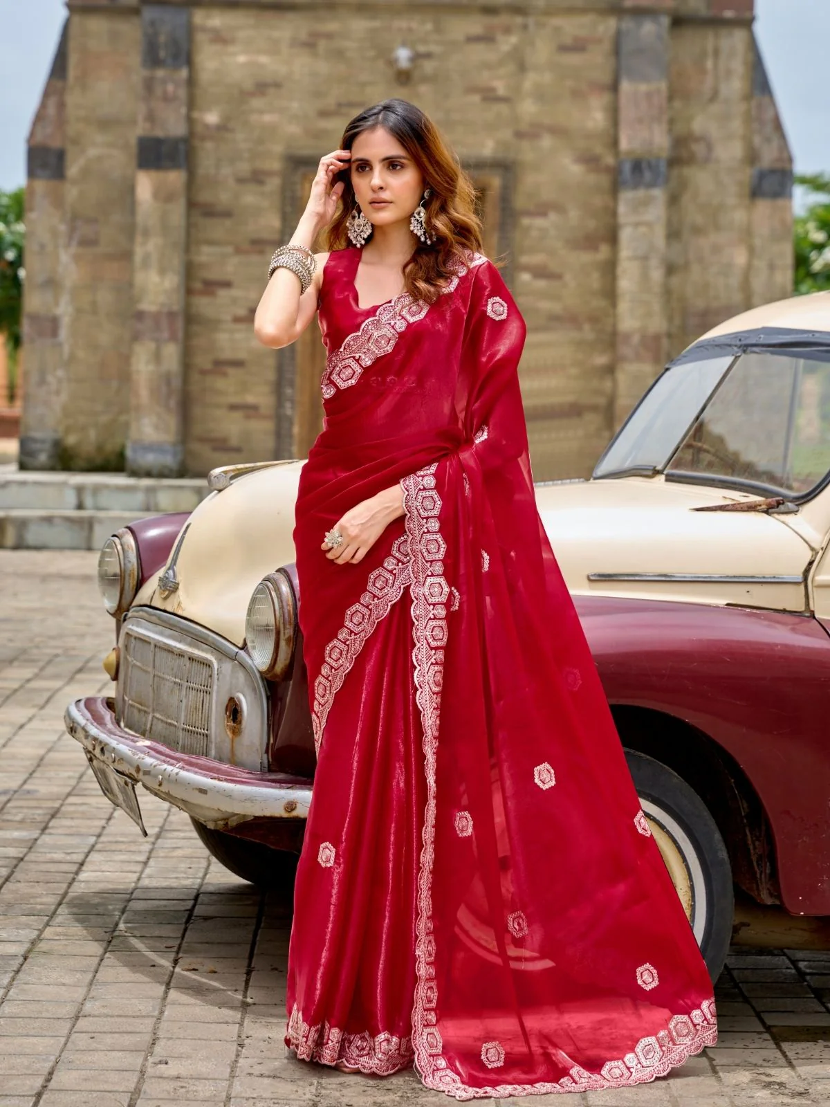 Odette Red Chiffon Embellished Saree For Women - Image 2