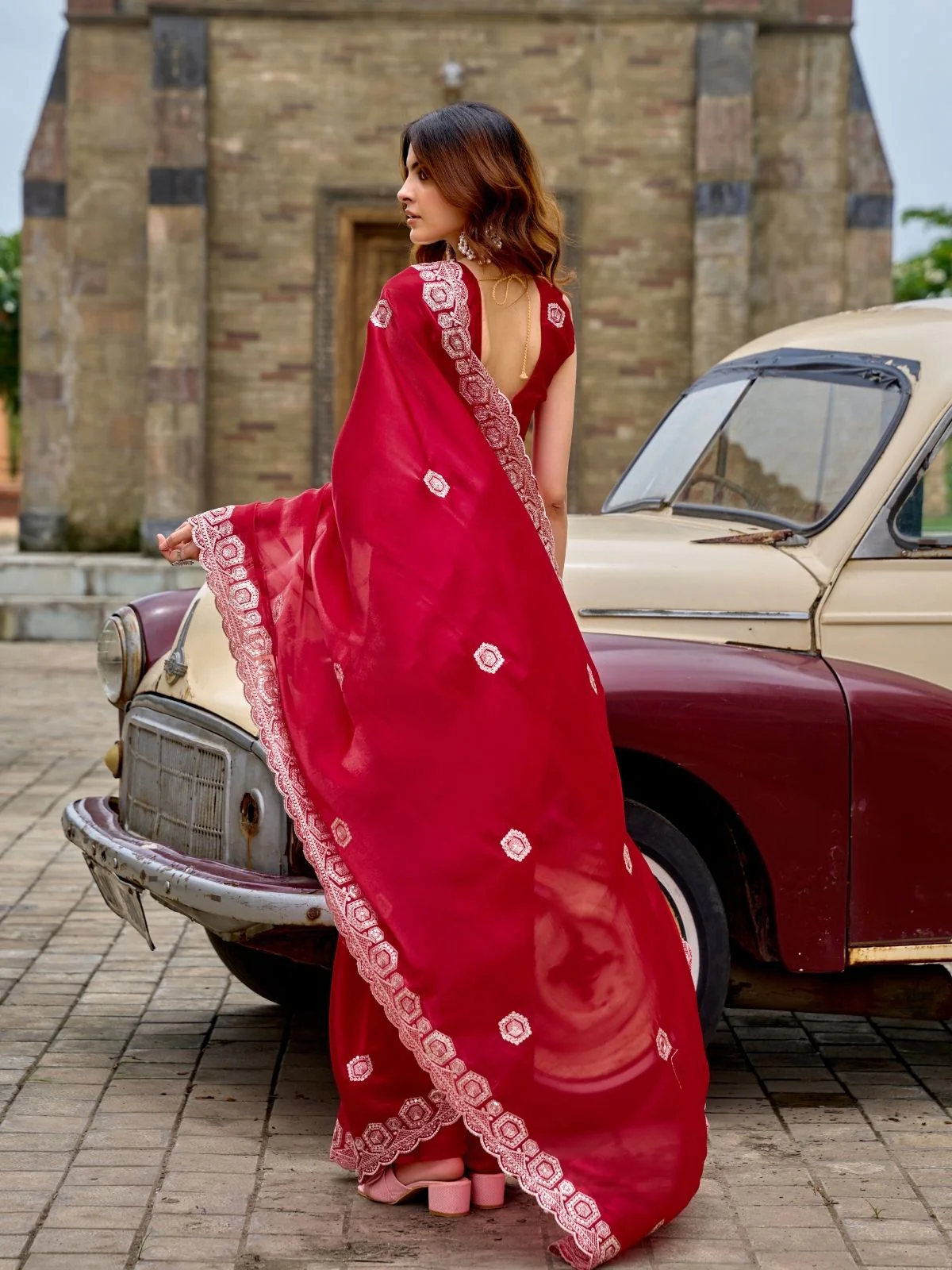 Odette Red Chiffon Embellished Saree For Women - Image 4