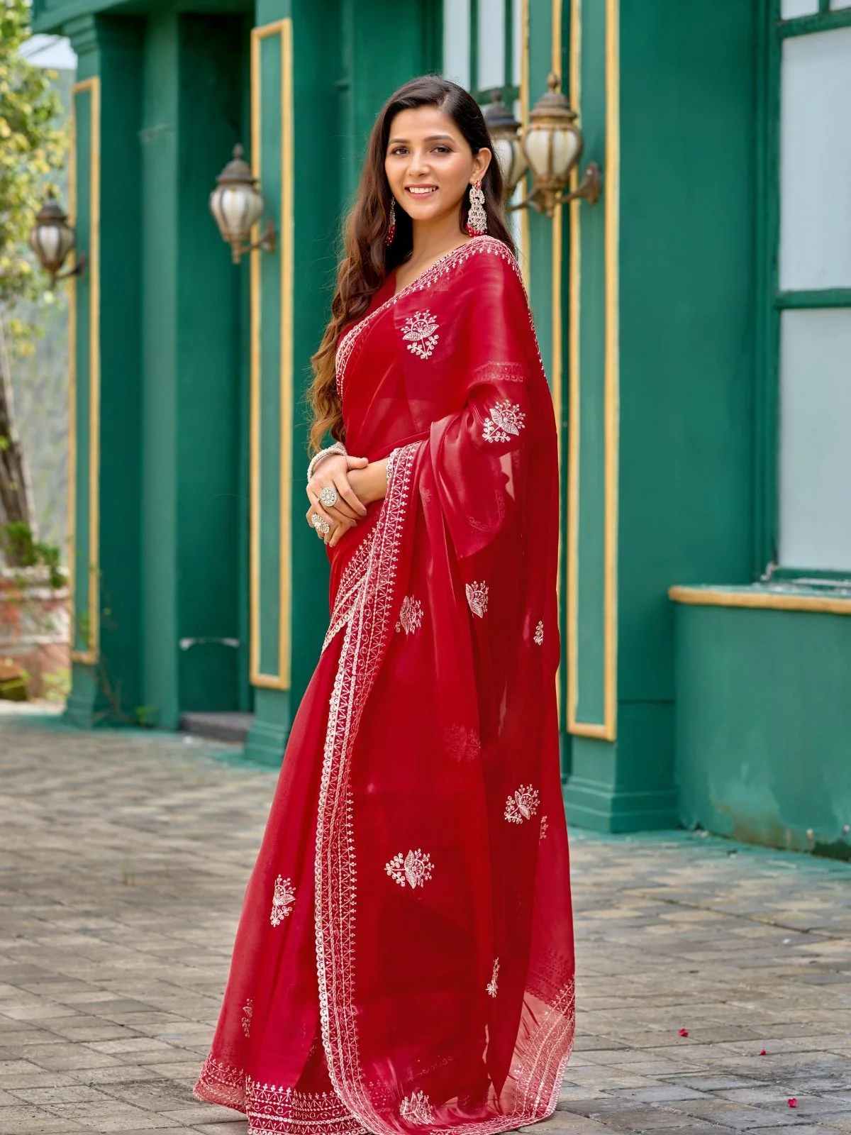 Odette Red Chiffon Embroidered Saree For Women - Image 2