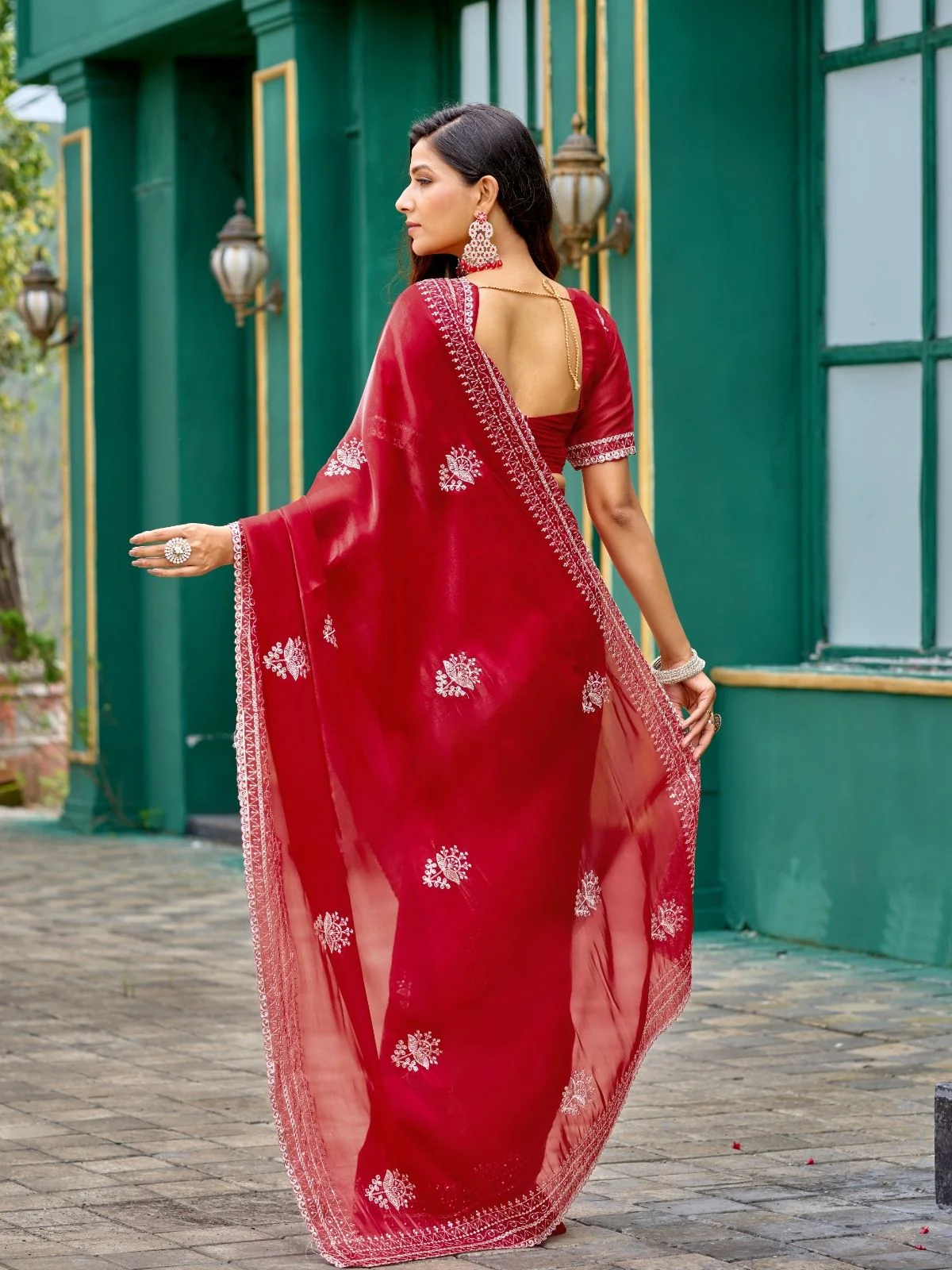 Odette Red Chiffon Embroidered Saree For Women - Image 3