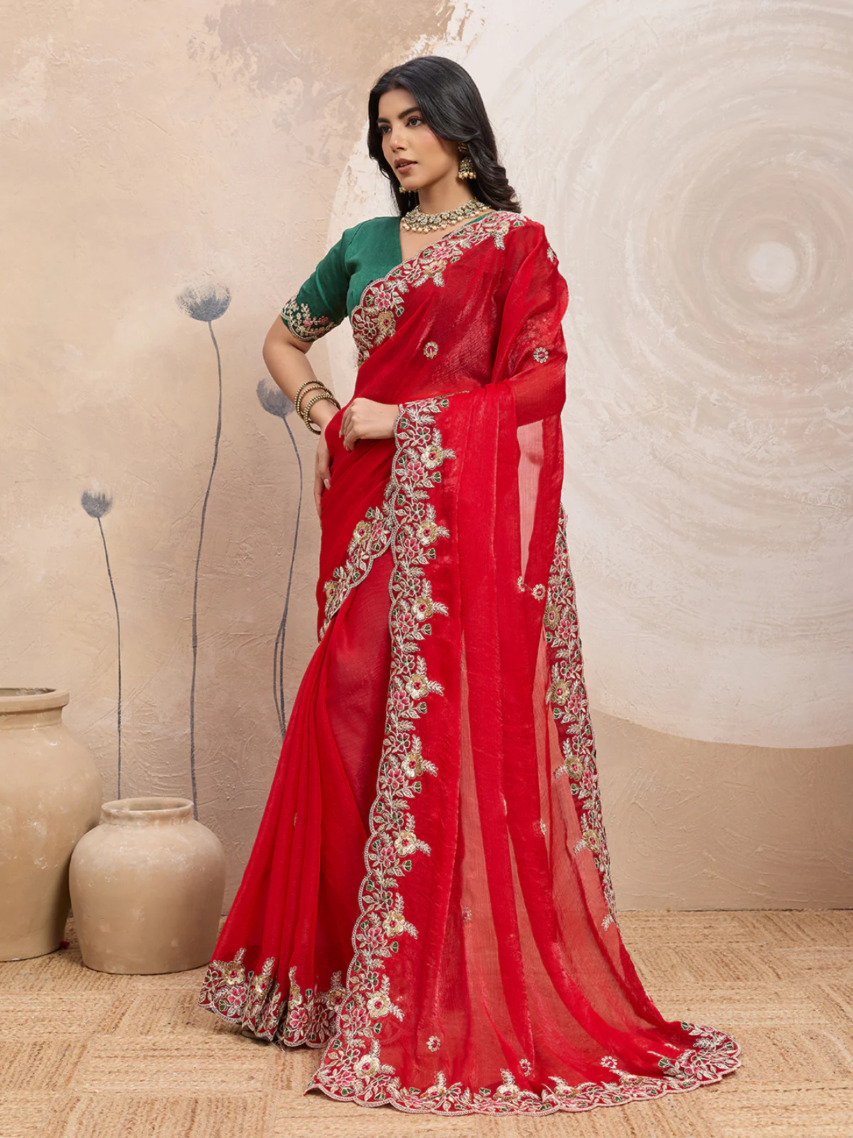 Odette Red Chiffon Embroidered Saree For Women - Image 2