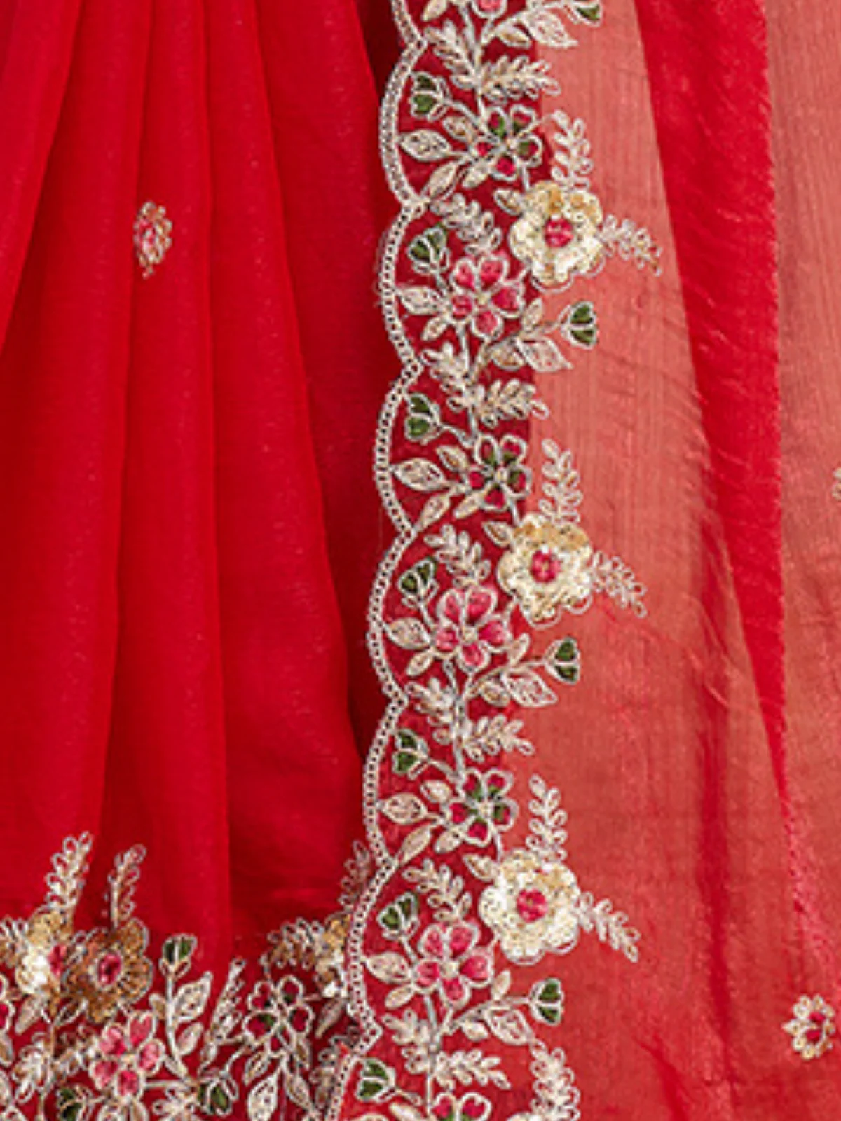 Odette Red Chiffon Embroidered Saree For Women - Image 5