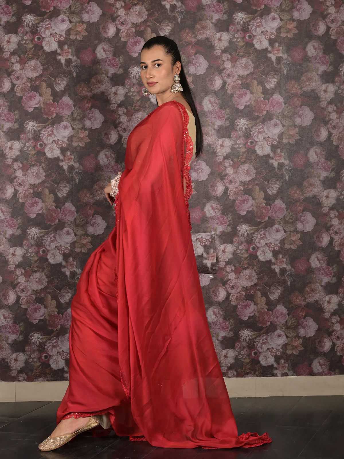 Odette Red Chiffon Embroidered Saree With Blouse Piece For Women - Image 3