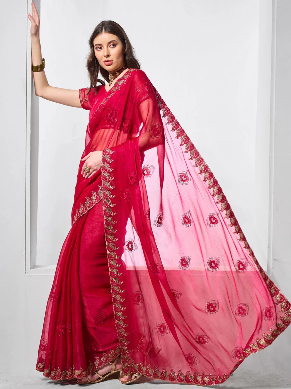 Odette Red Chiffon Embroidered Saree With Unstitched Blouse For Women - Image 2