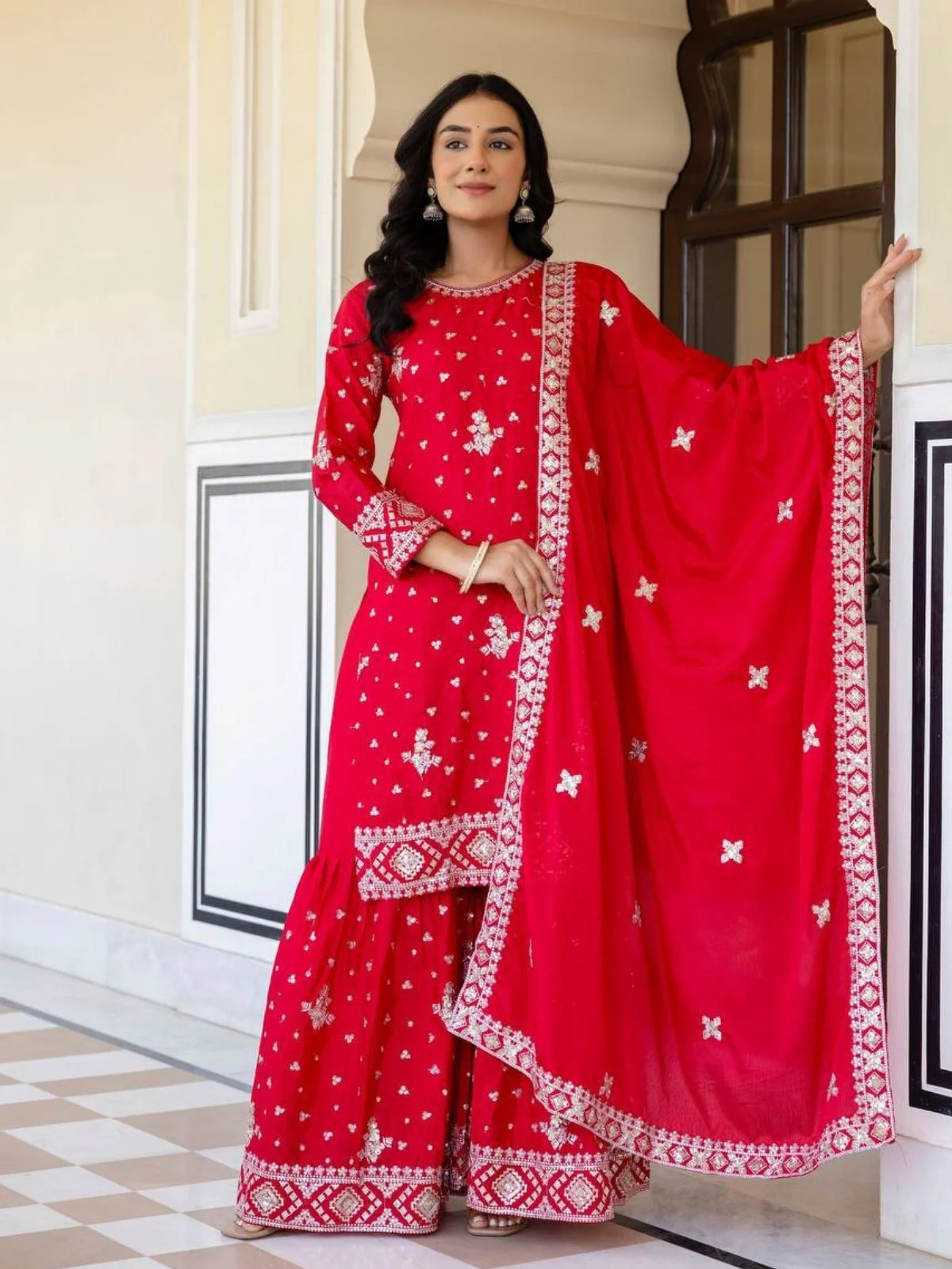 Odette Red Chiffon Embroidered Stitched Kurta Set For Women - Image 2