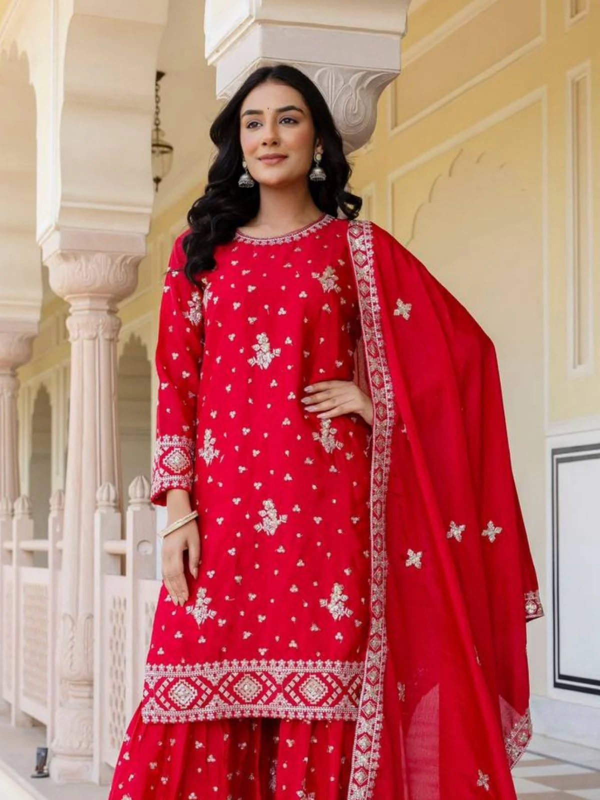 Odette Red Chiffon Embroidered Stitched Kurta Set For Women - Image 3
