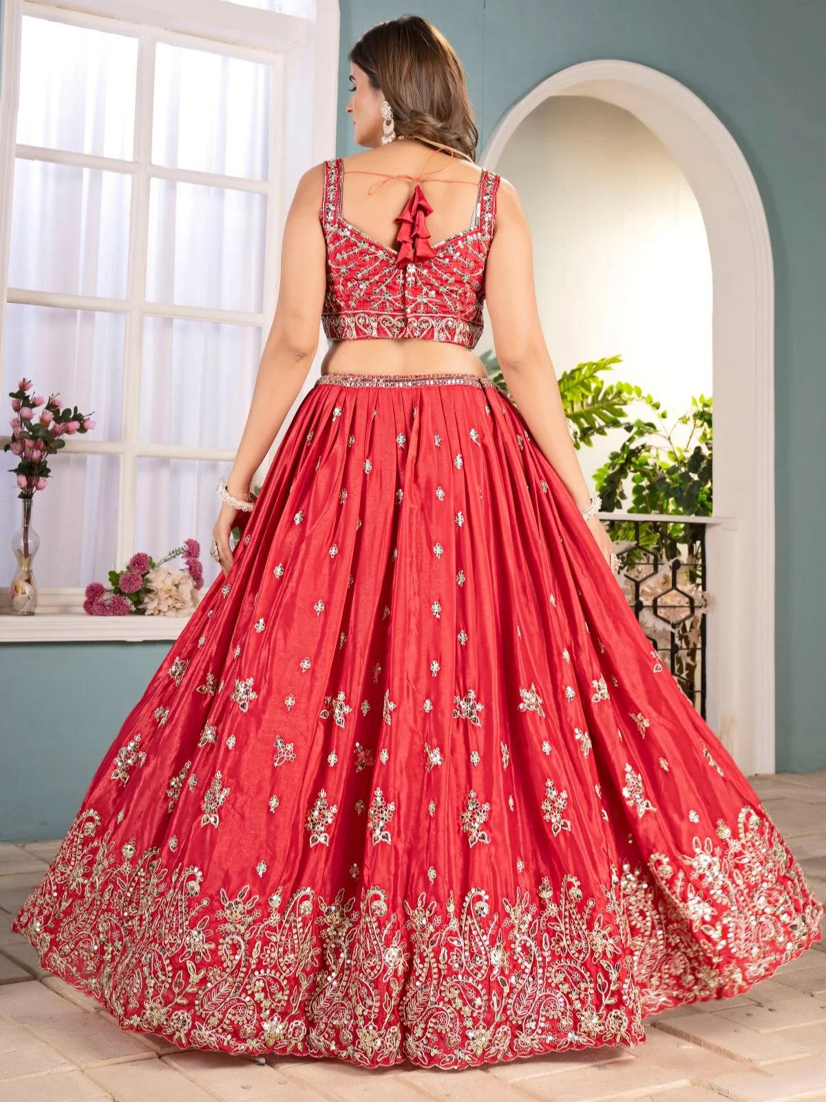 Odette Red Chinon Embellished Semi Stitched Lehenga For Women - Image 2