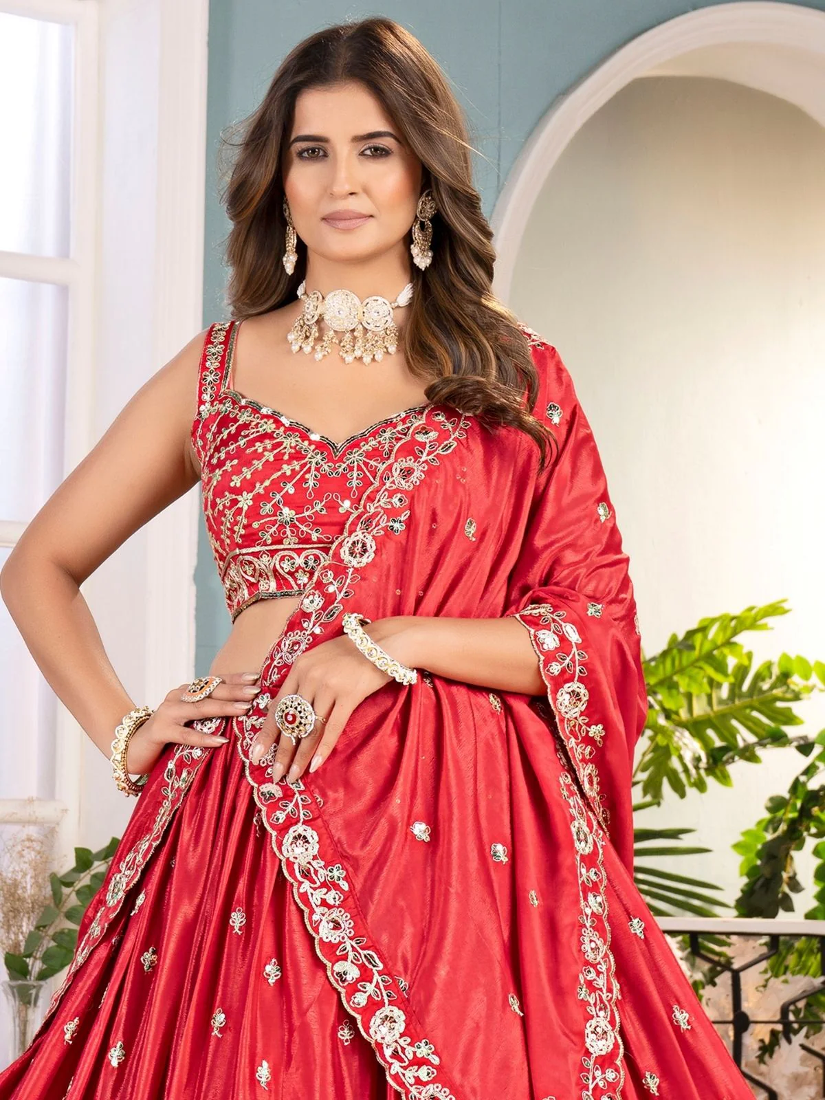 Odette Red Chinon Embellished Semi Stitched Lehenga For Women - Image 3