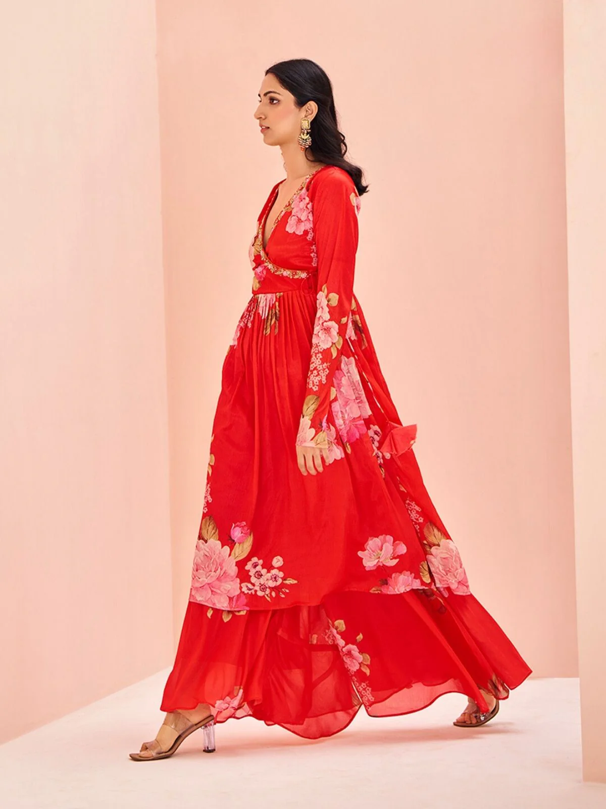 Odette Red Chinon Printed Stitched Kurta Set For Women - Image 3