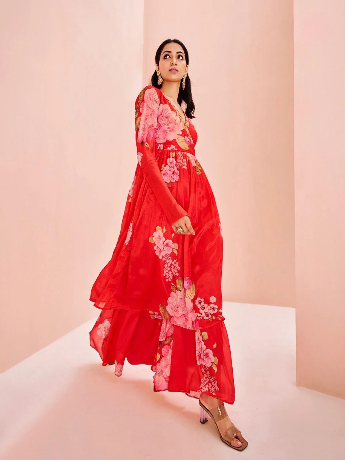Odette Red Chinon Printed Stitched Kurta Set For Women - Image 4