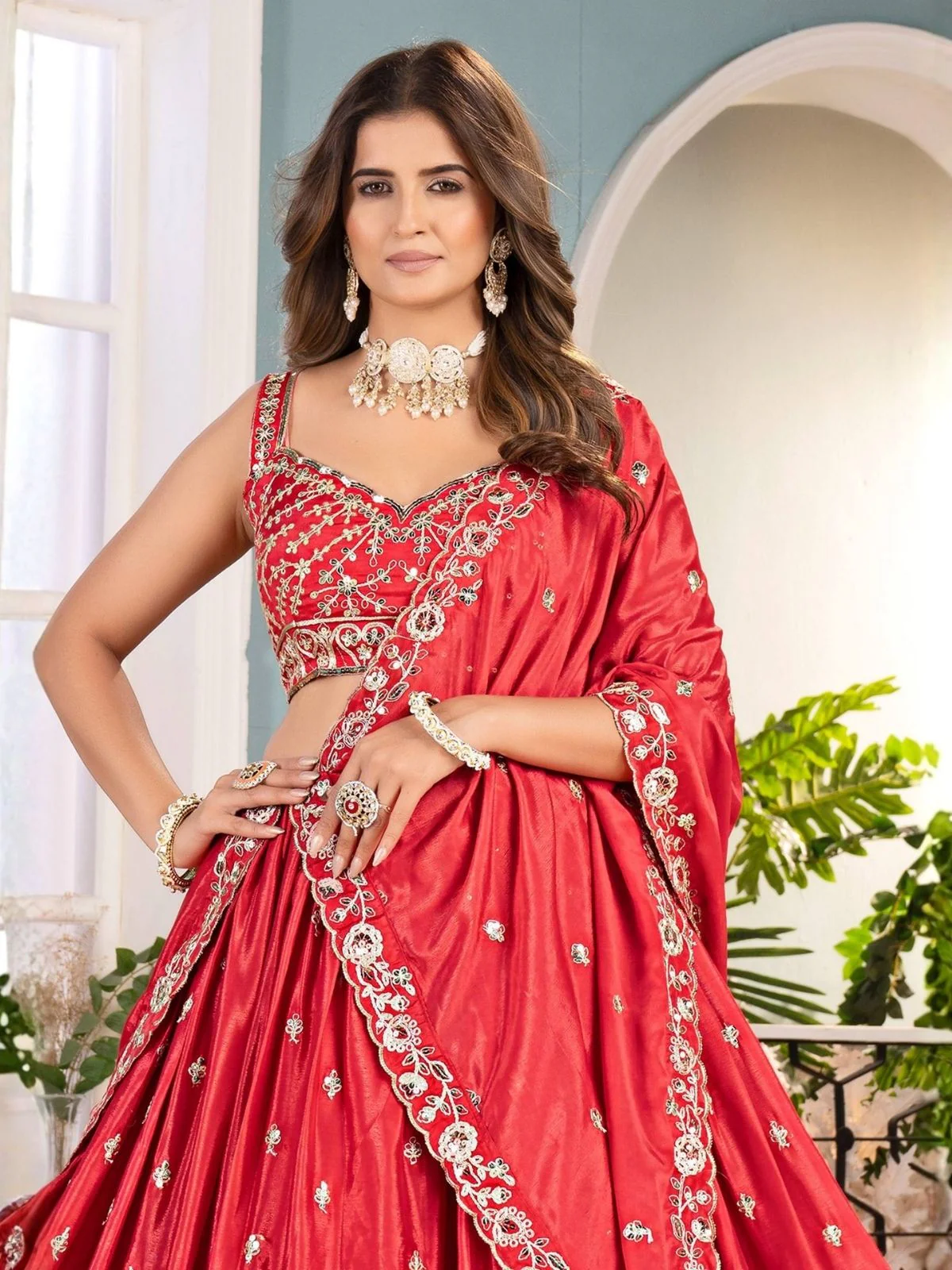 Odette Red Chinon Sequence Embroidered Semi-Stitched Lehenga For Women - Image 3