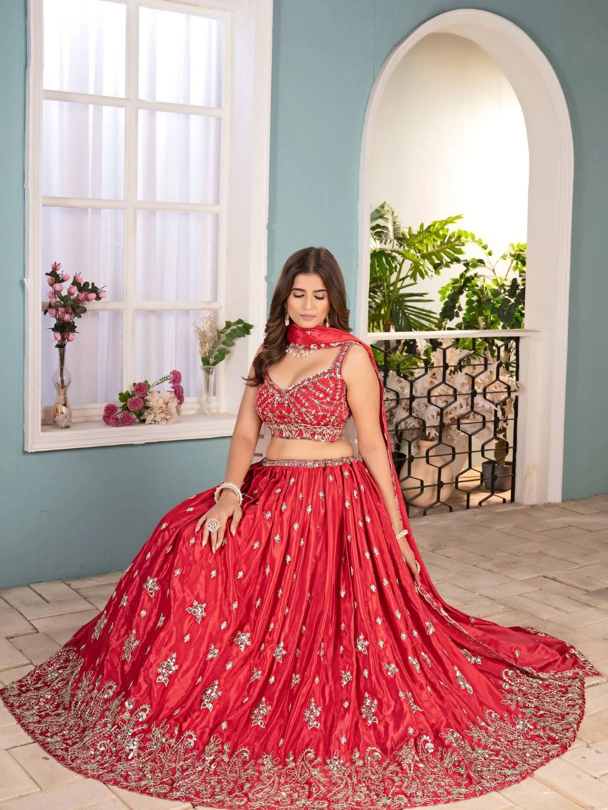 Odette Red Chinon Sequence Embroidered Semi-Stitched Lehenga For Women - Image 4