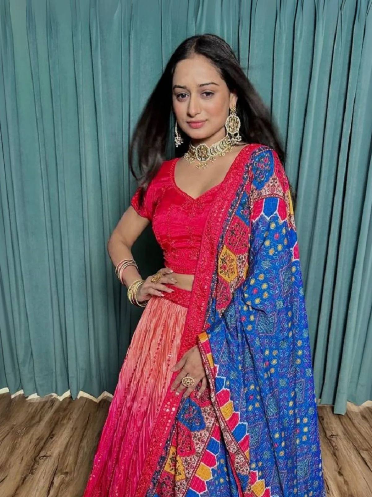 Odette Red Chinon Silk Embroidered Semi-Stitched Lehenga For Women - Image 3